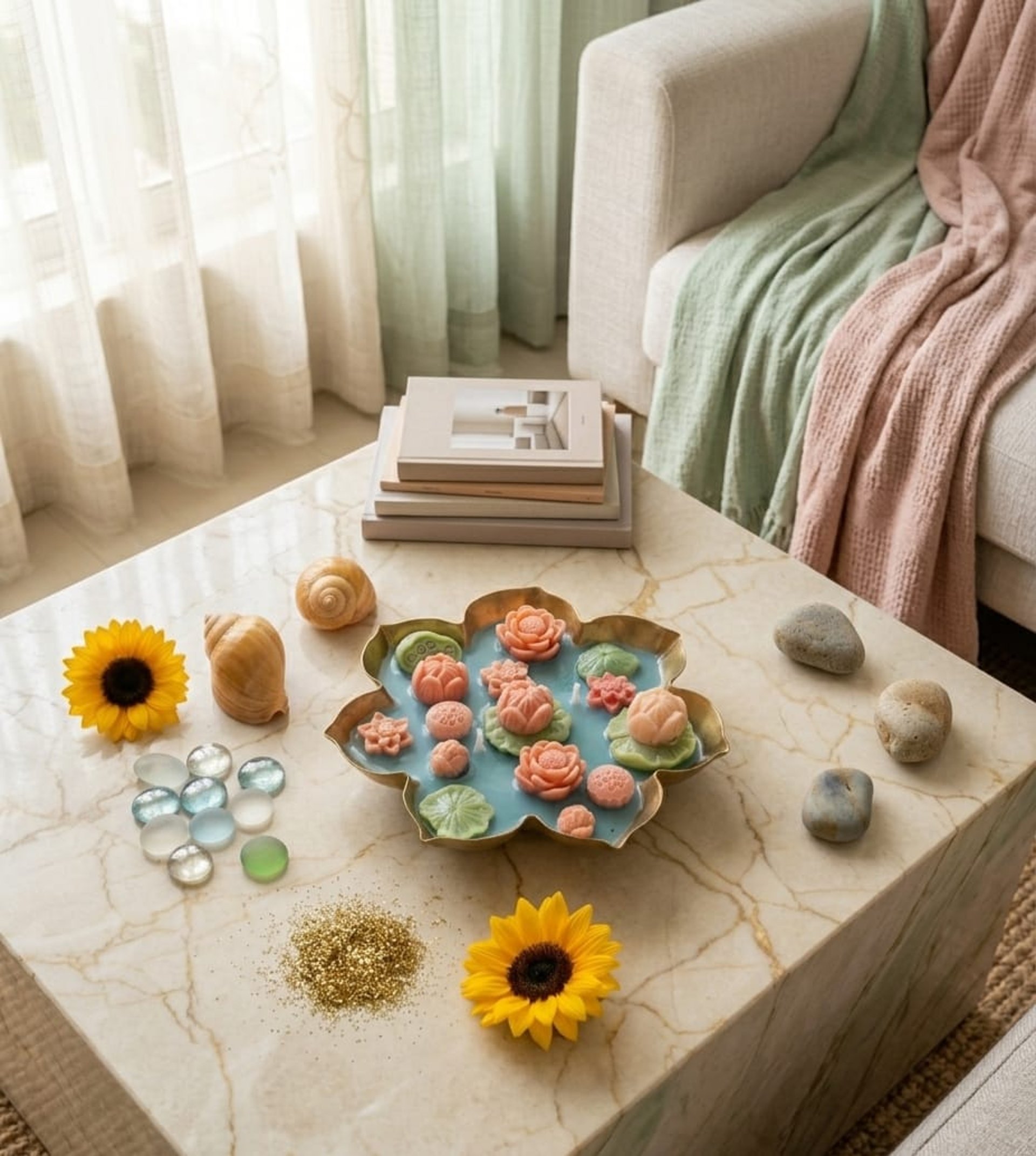 A white table topped with pink and white flowers