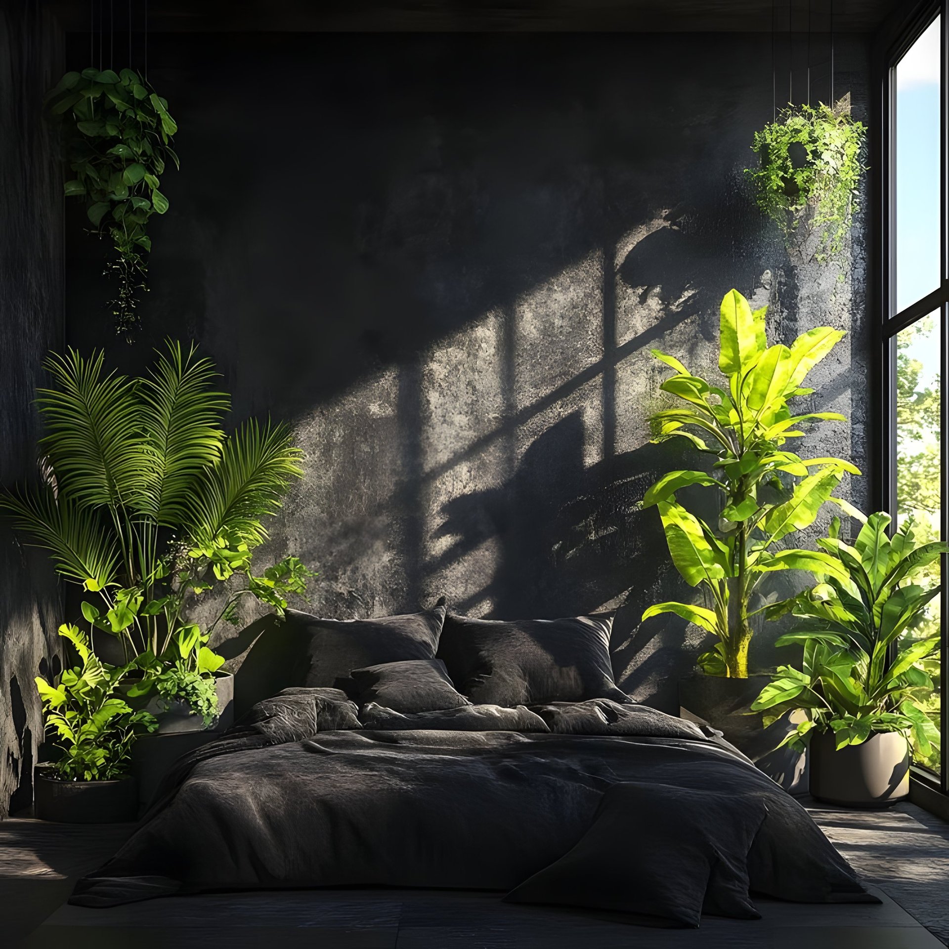 a bedroom with a large mirror