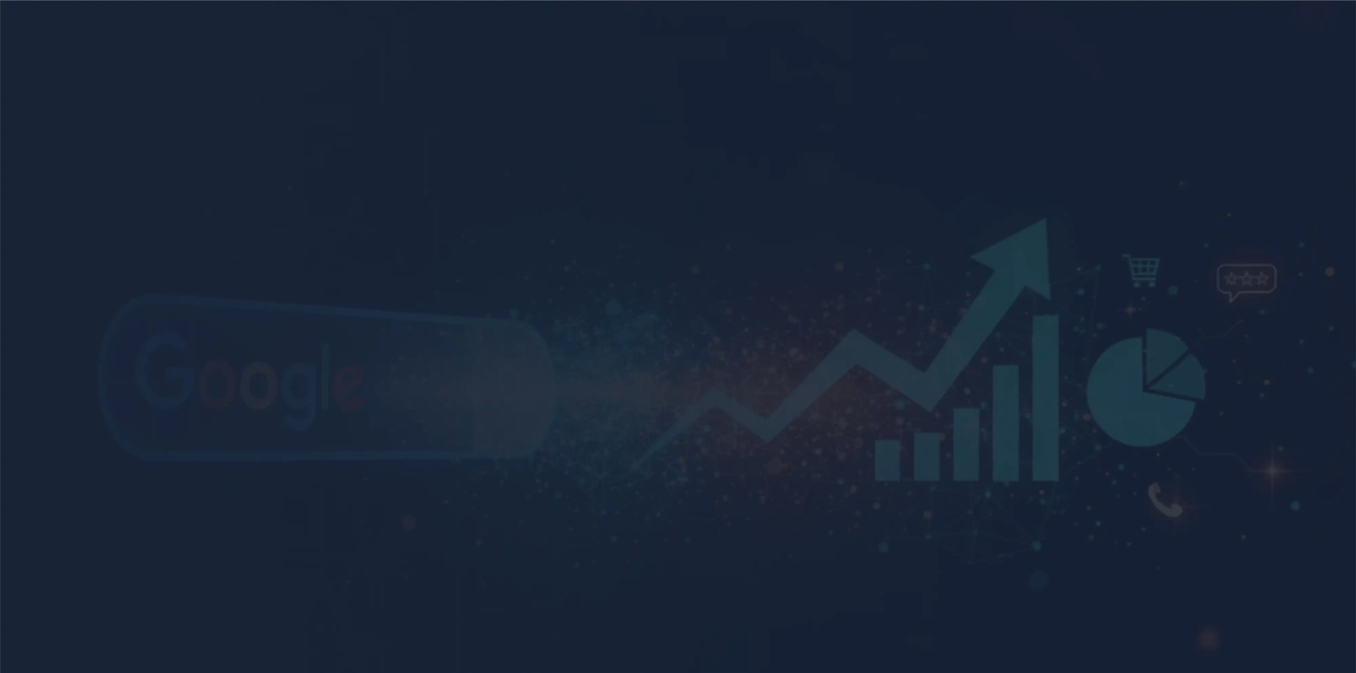 Fundo de seção escuro com logo Google, gráfico de seta de crescimento negócio local e ícones de análise de dados e vendas.