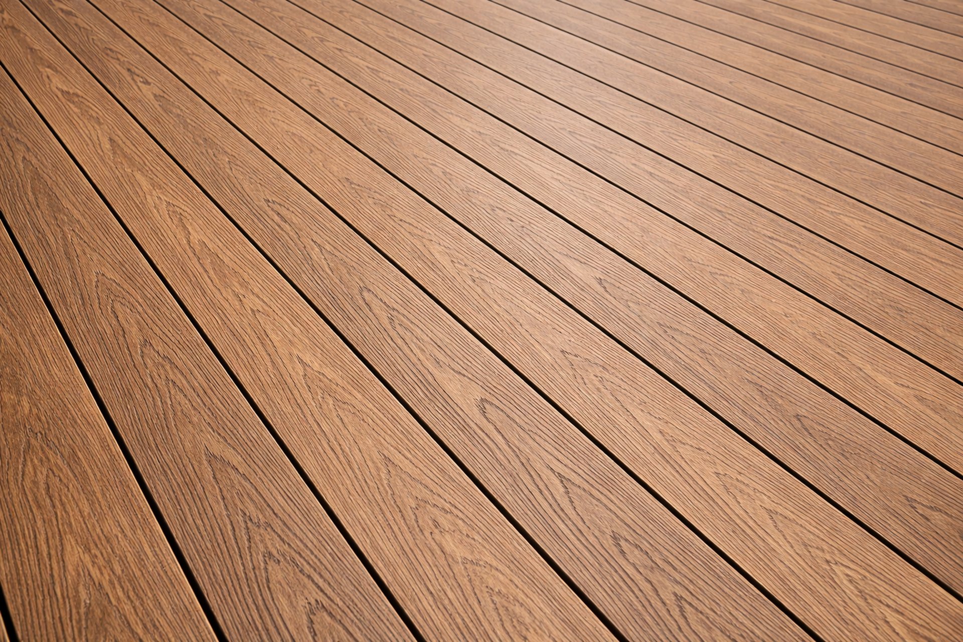 A dog standing on a deck with leaves on the ground