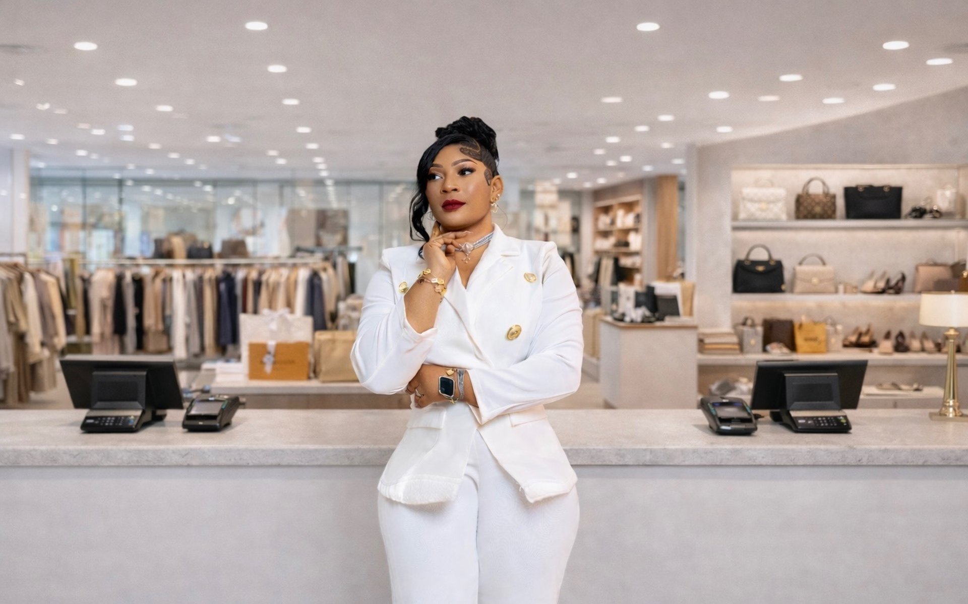 woman facing on white counter