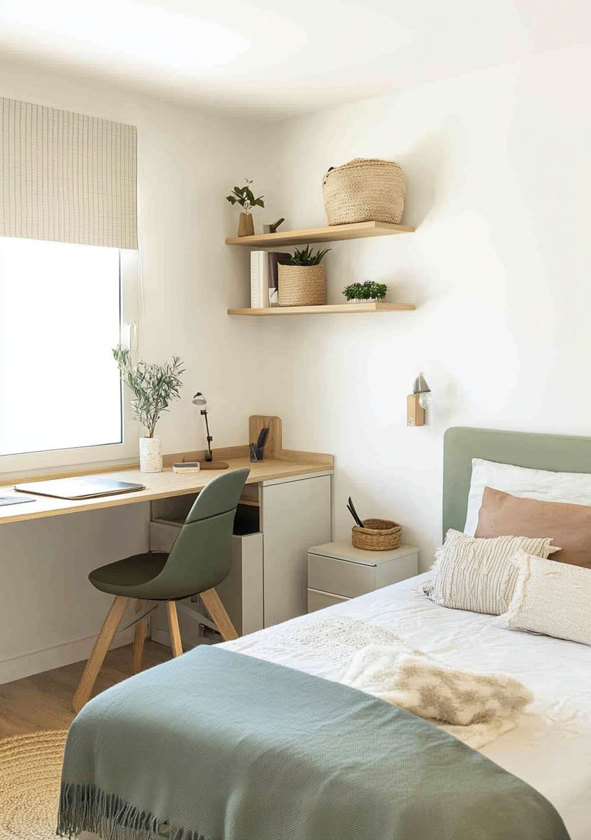 two green and white pillows on empty bed