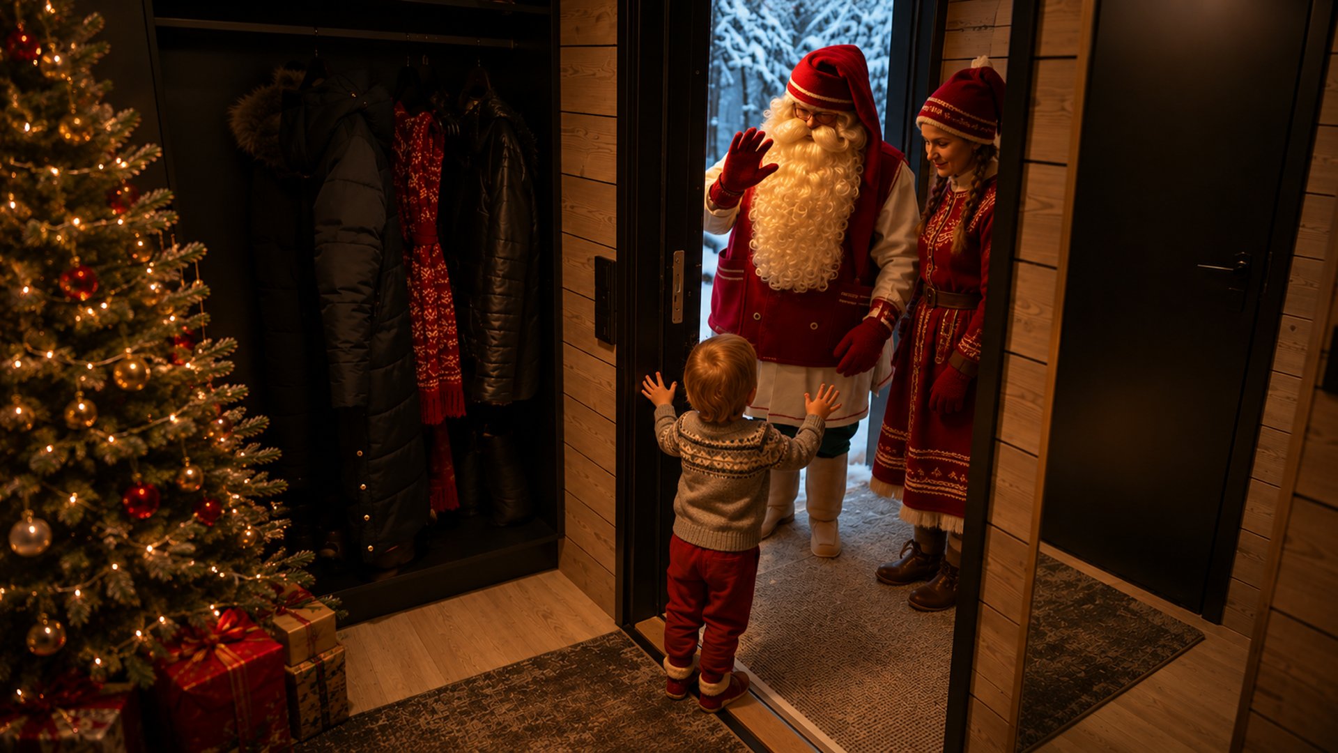 A child welcomes Santa Claus and his Elf during a magical Christmas visit at a holiday accommodation in Rovaniemi.