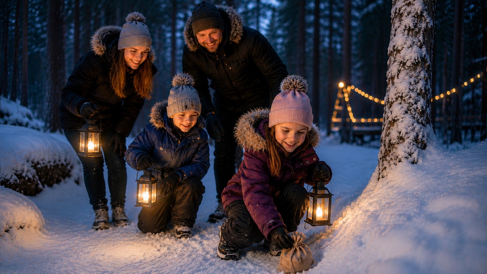 Family helping a Forest Elf on a magical treasure hunt adventure in a snowy forest near Rovaniemi, Finnish Lapland.