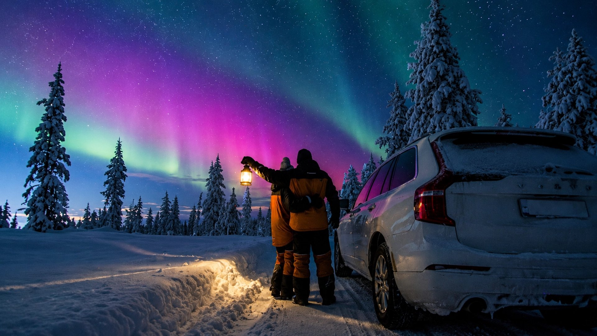 Guests watching vibrant Northern Lights during a guided Aurora hunting experience in Rovaniemi, Finnish Lapland.