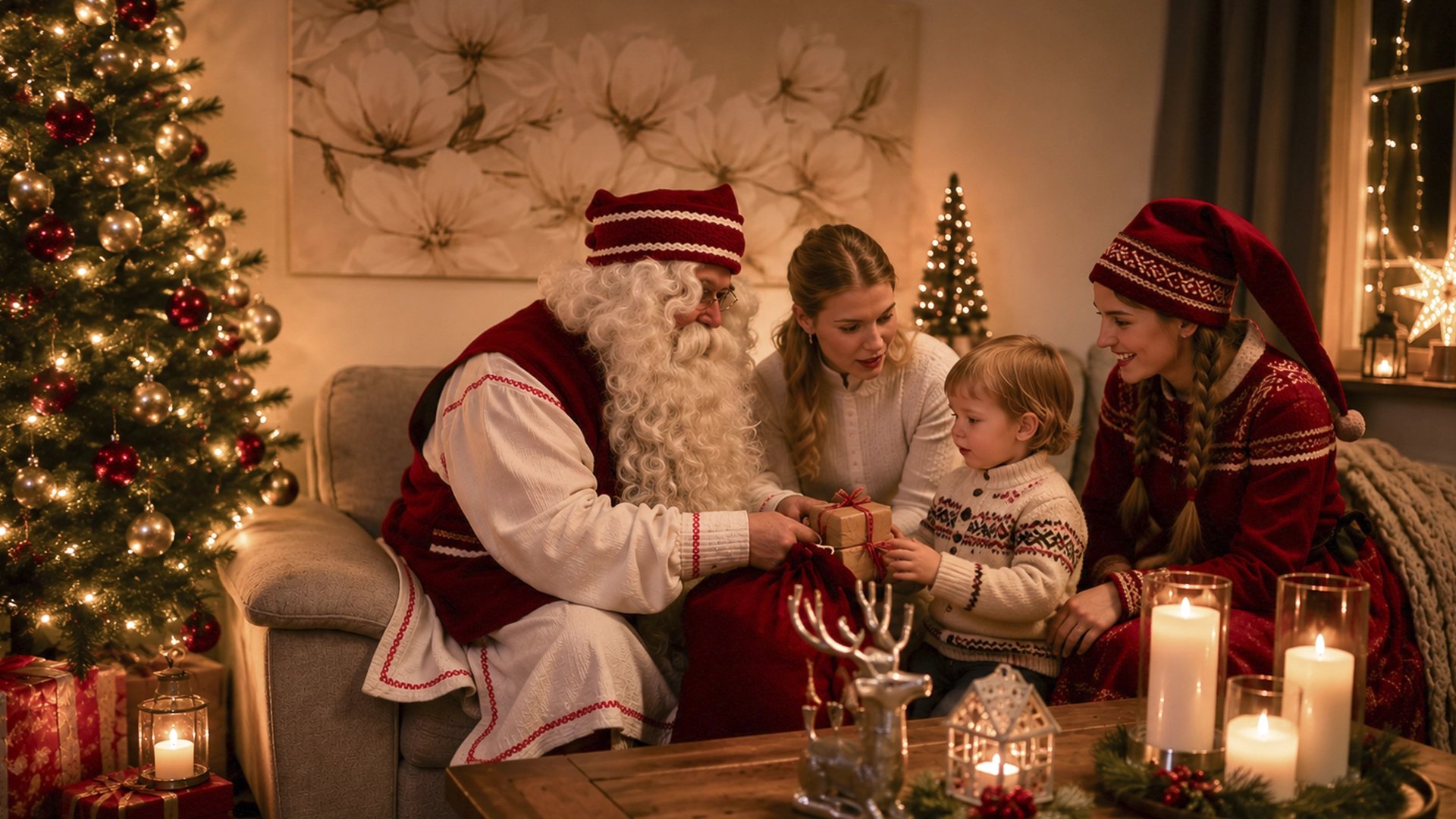 Private Santa and Elf creating a magical Christmas moment for a family at their accommodation in Rovaniemi