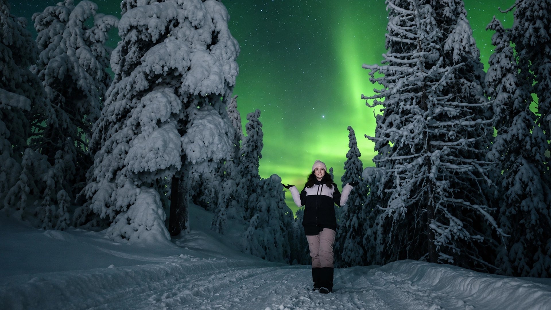 Guest beneath the Northern Lights during a Local Guide 4-Hour Aurora Hunt in Rovaniemi, Finland
