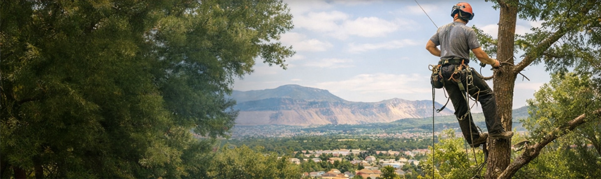 Scenic view of the residential tree canopy in Grand Junction CO with the Bookcliffs mountain skyline.