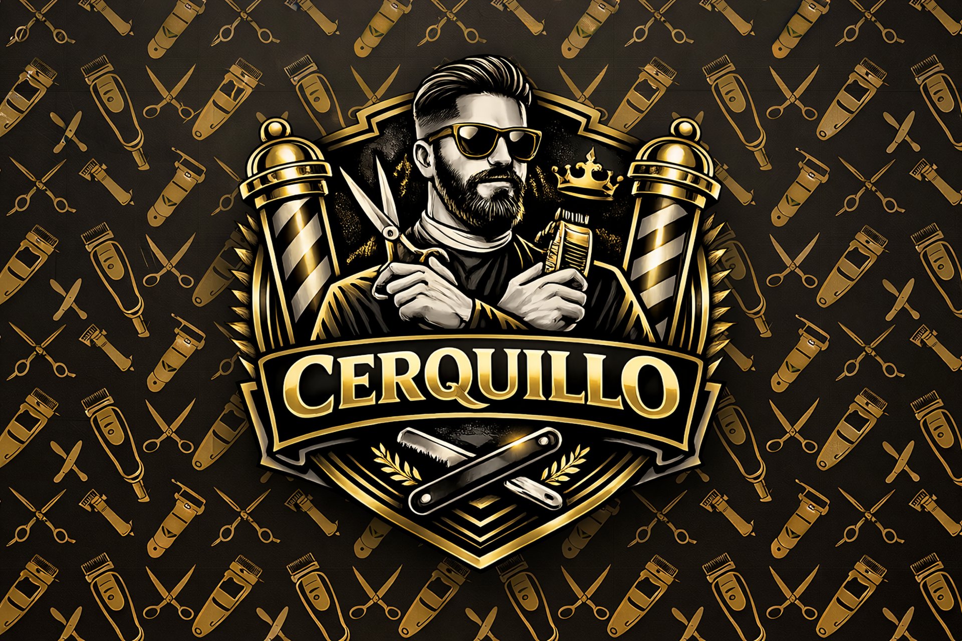 a barber shop with two men standing in front of it