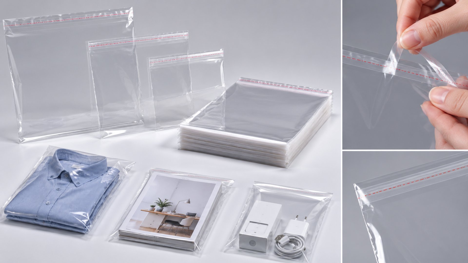 Self adhesive BOPP poly bags supplier in Indore transparent plastic packaging with sealing flap