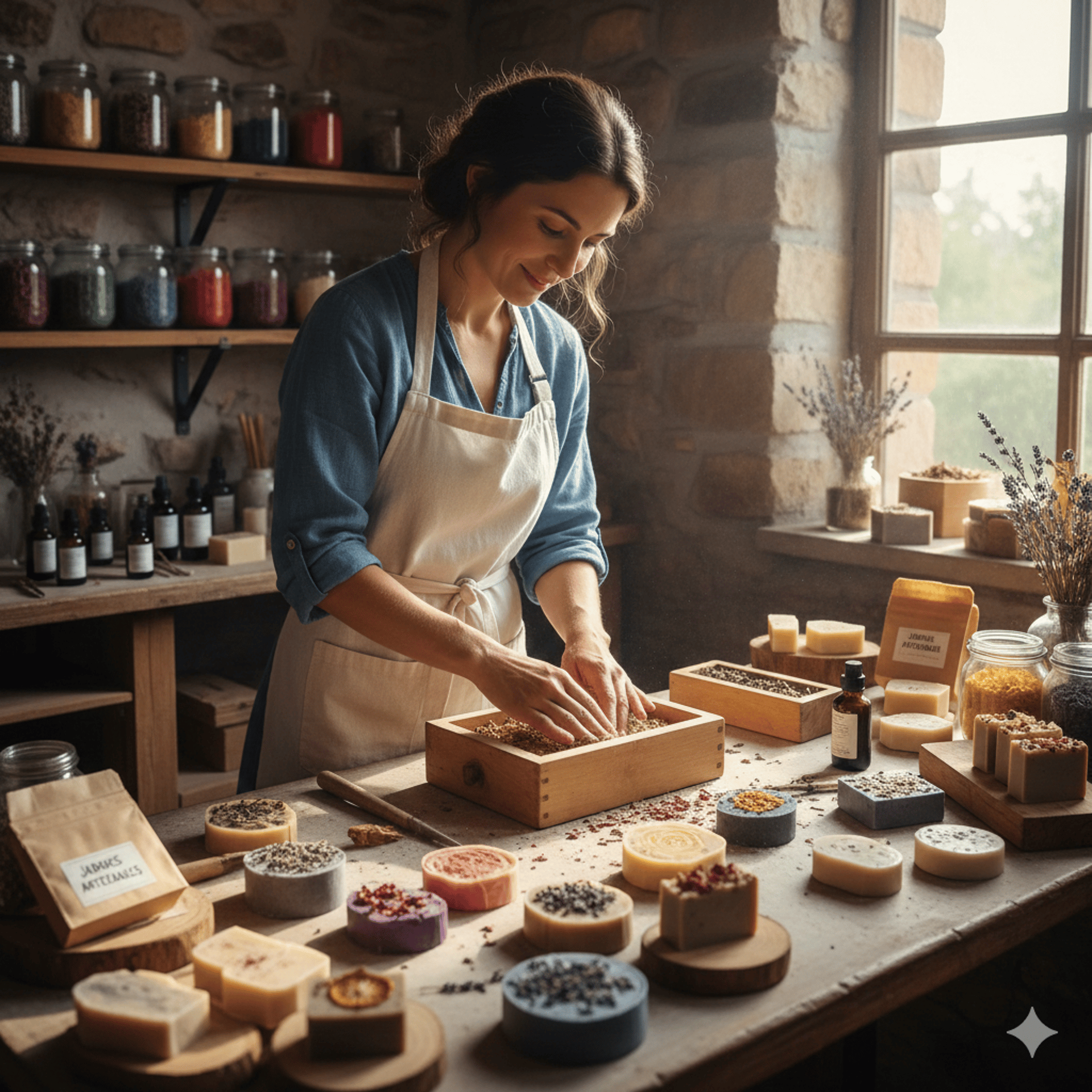 mujer artesana con jabones de arcilla