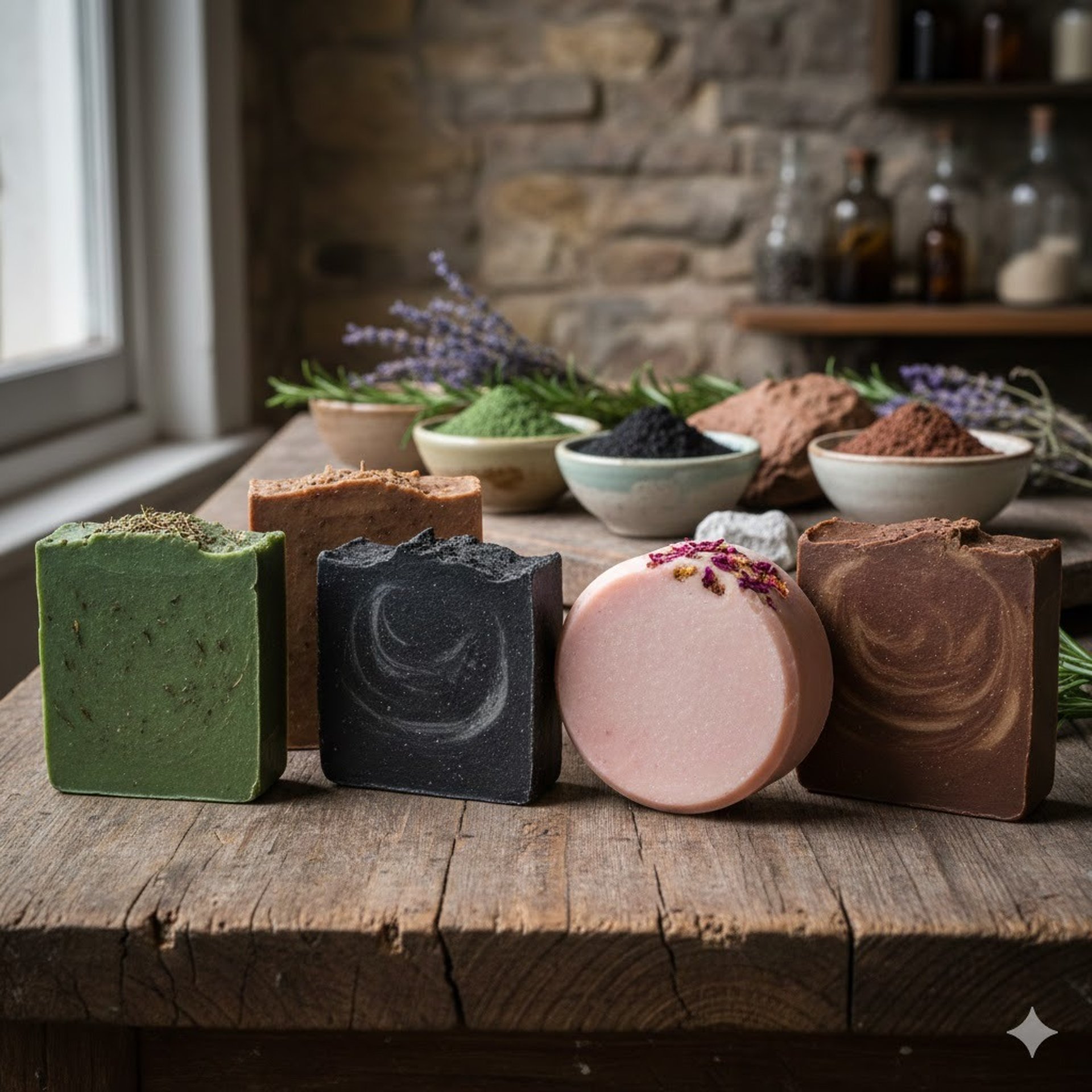 jabones artesanales hechos de arcillas sobre una mesa rustica