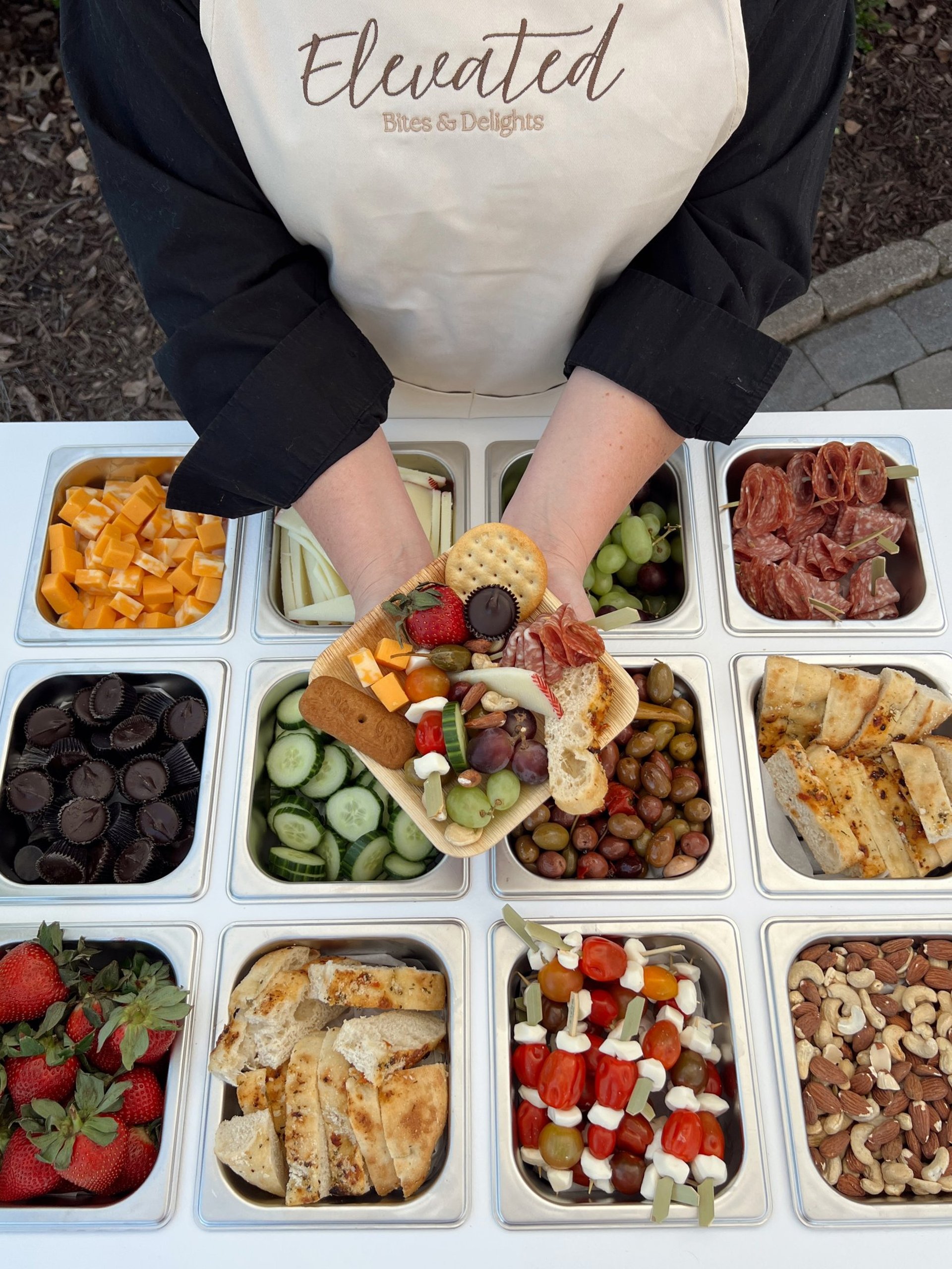 a wooden table topped with lots of food