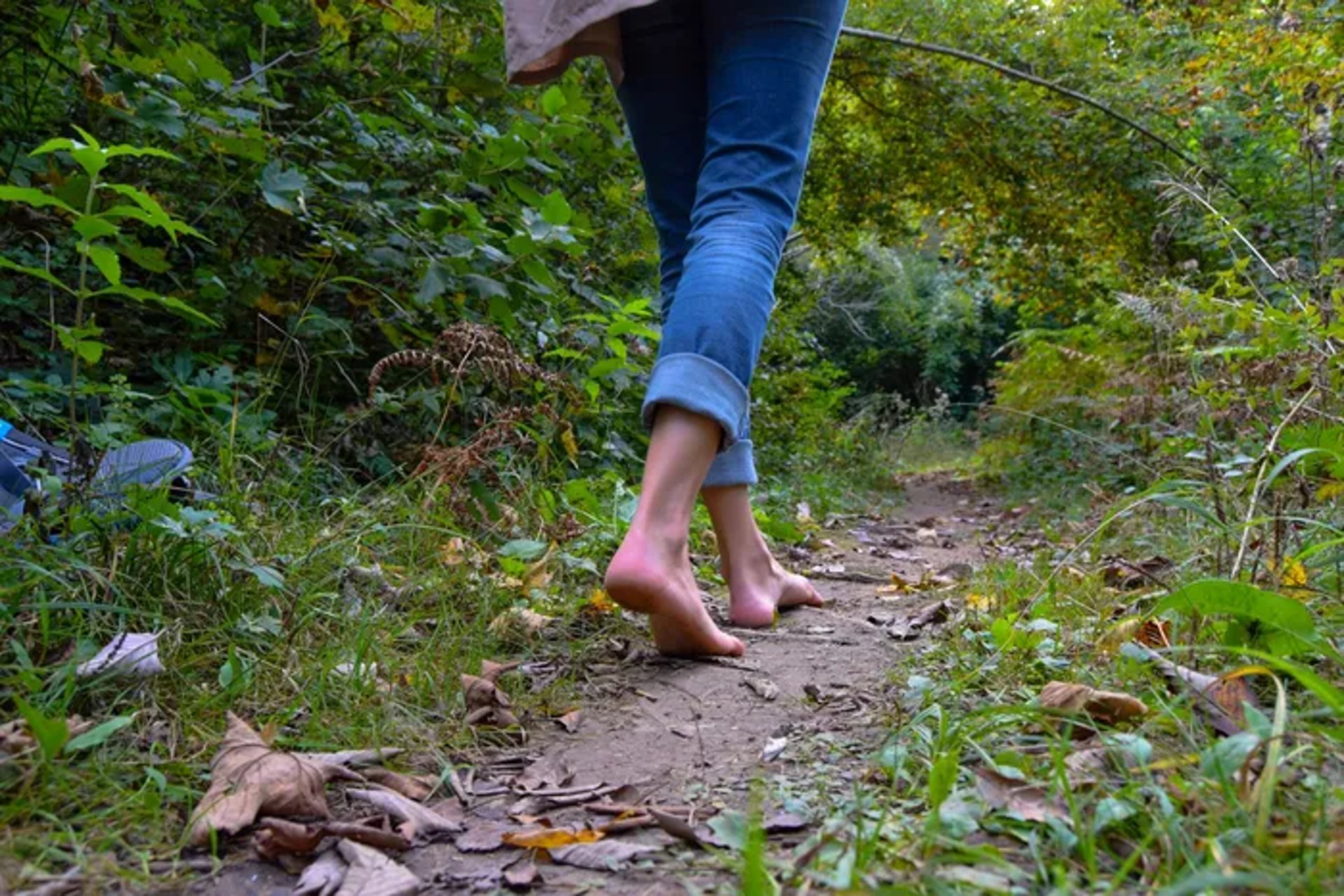 A woman in rolled-up blue jeans walks barefoot along a wildflower-lined path.