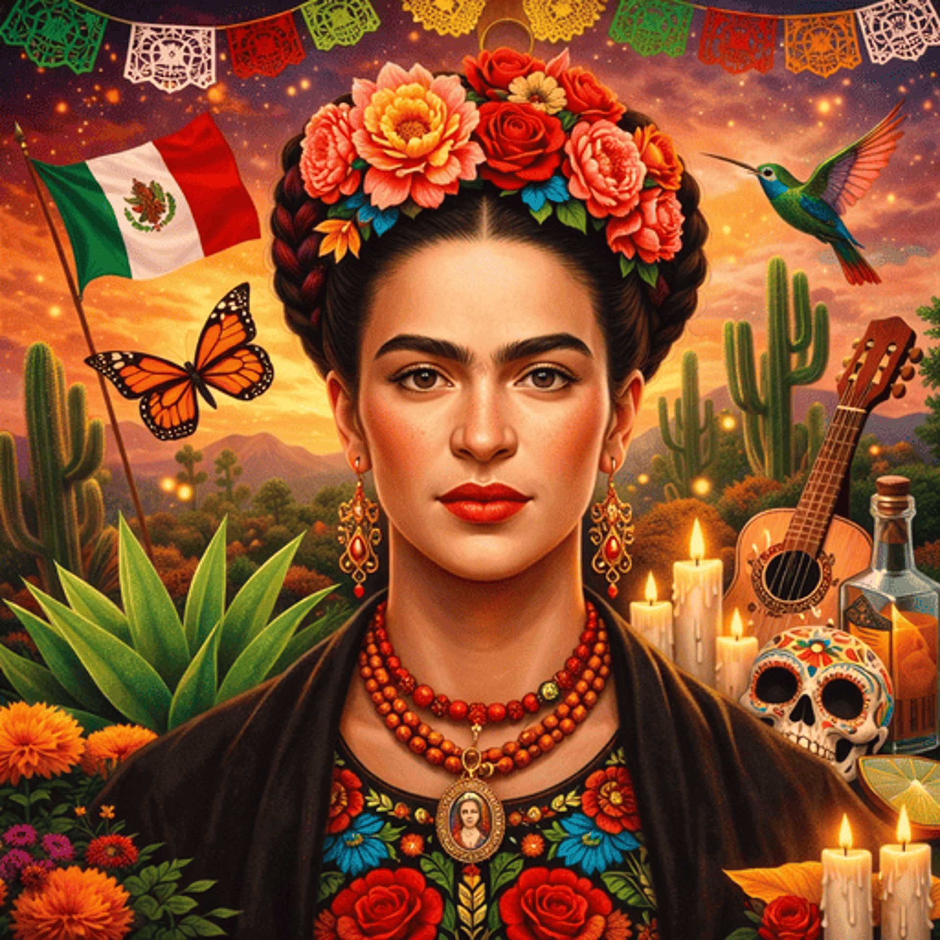 Imagen de Frida Kahlo con temática Mexicana
