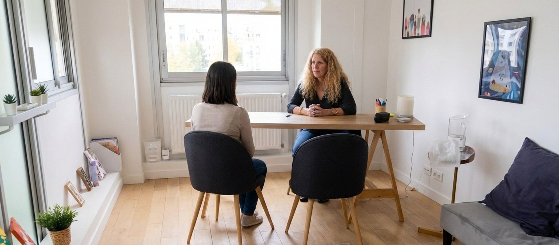 woman sitting on black chair in front of glass-panel window with white curtains