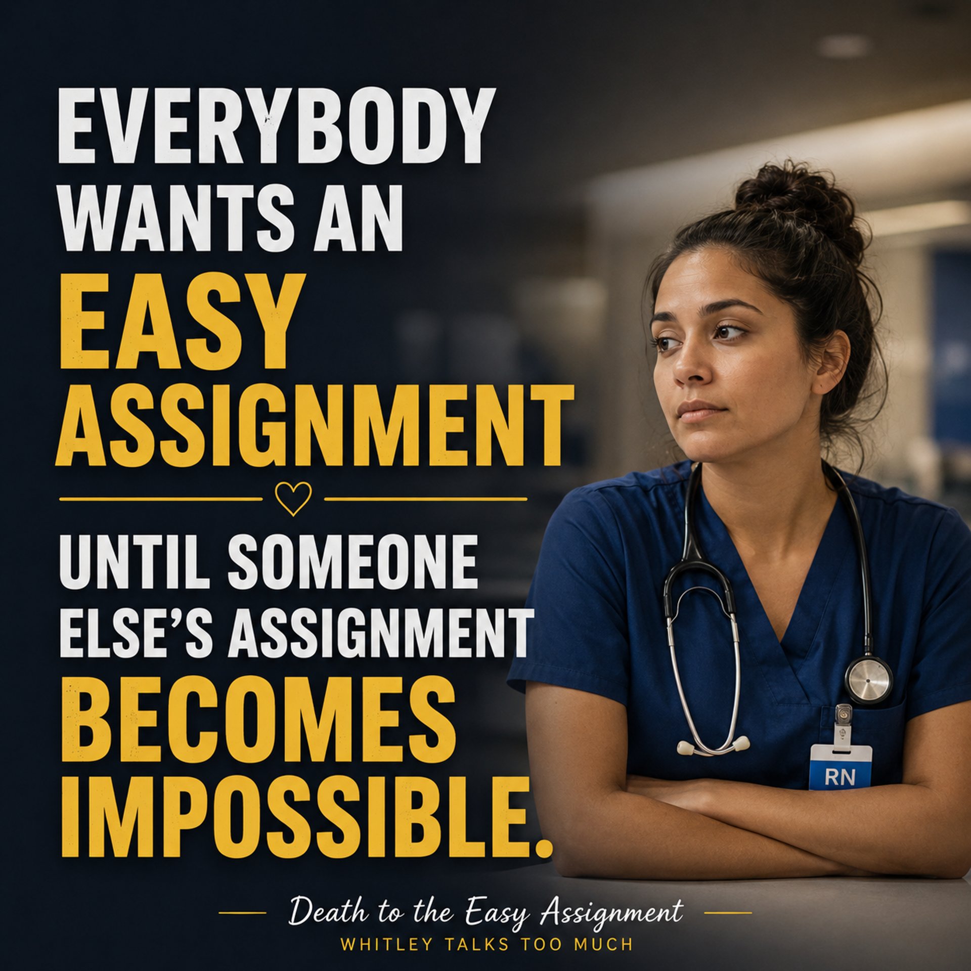 Stressed nurse at a workstation while two coworkers talk nearby, illustrating an unfair and potentially unsafe assignment.
