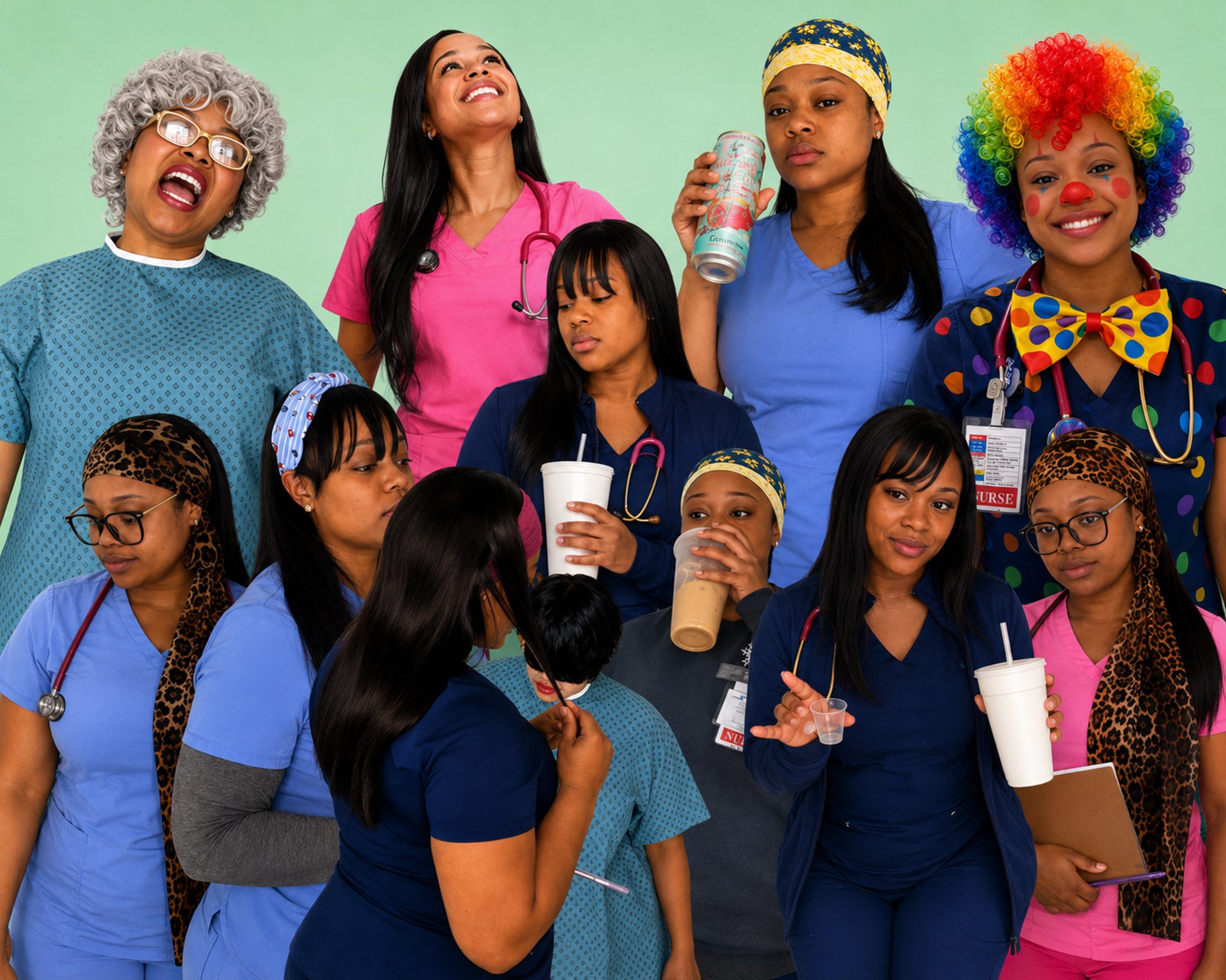 Characters from a nursing comedy series highlighting hospital life, healthcare culture, and bedside realities.