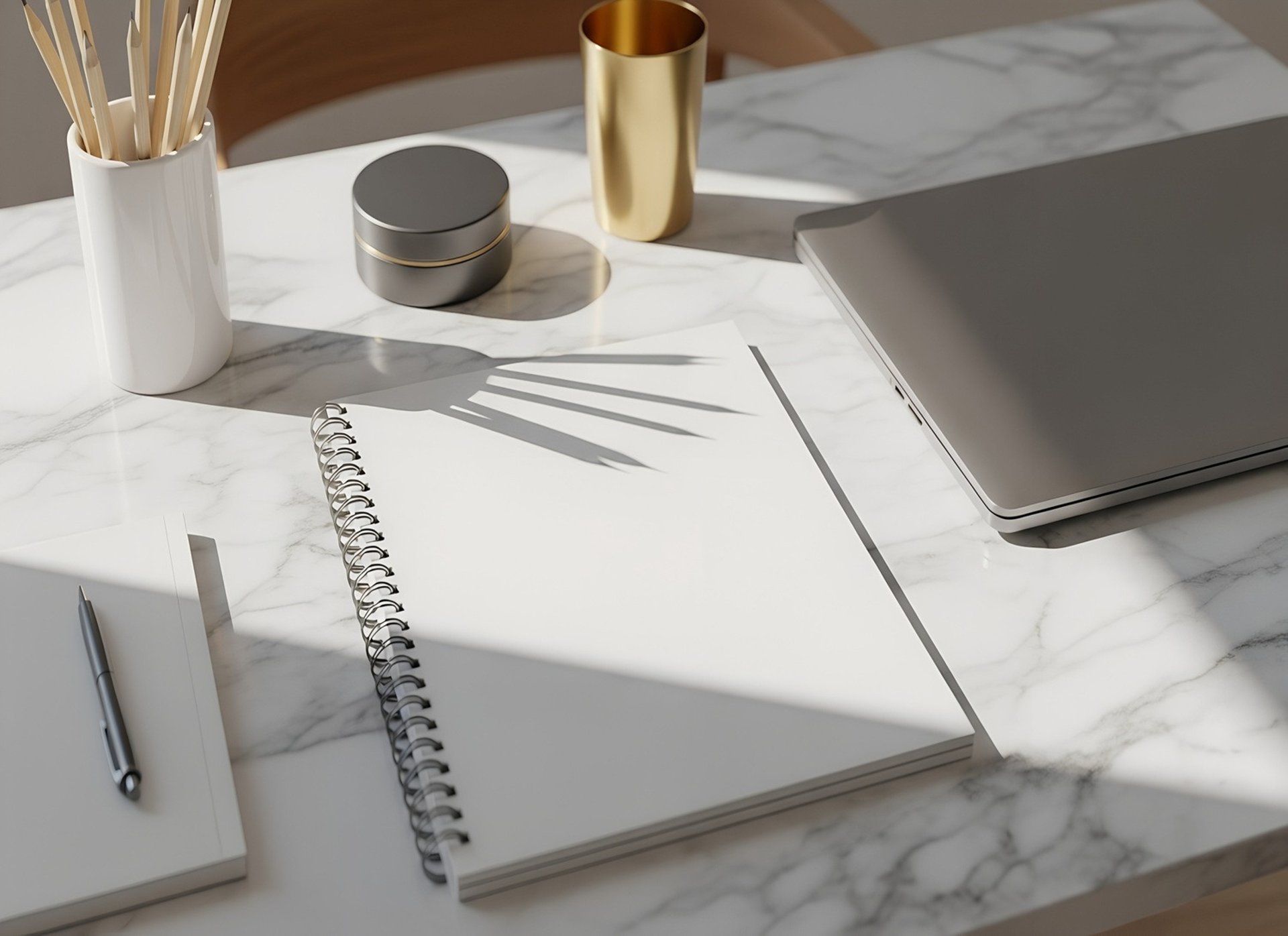 Lugar de trabajo ordenado con computadora, cuaderno y pluma