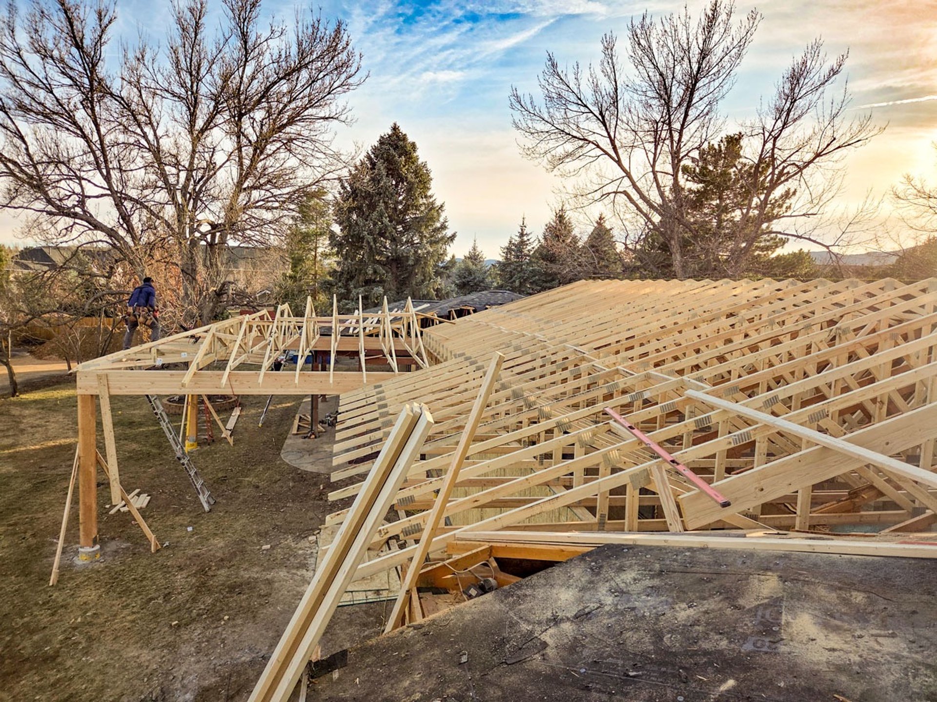 Structural roof truss system installation for a residential construction project in Lakewood, Colorado.