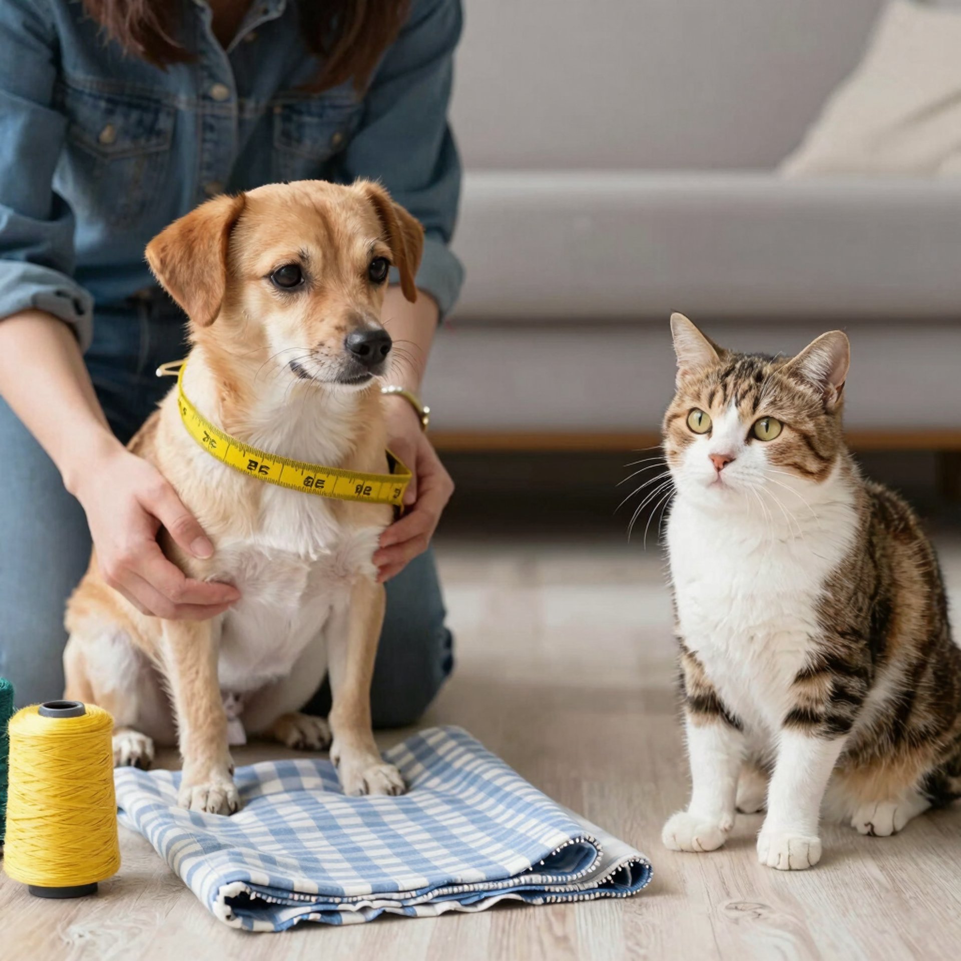 persona tomandole medidas con una cinta metrica a un perro y un gato en su taller de costura