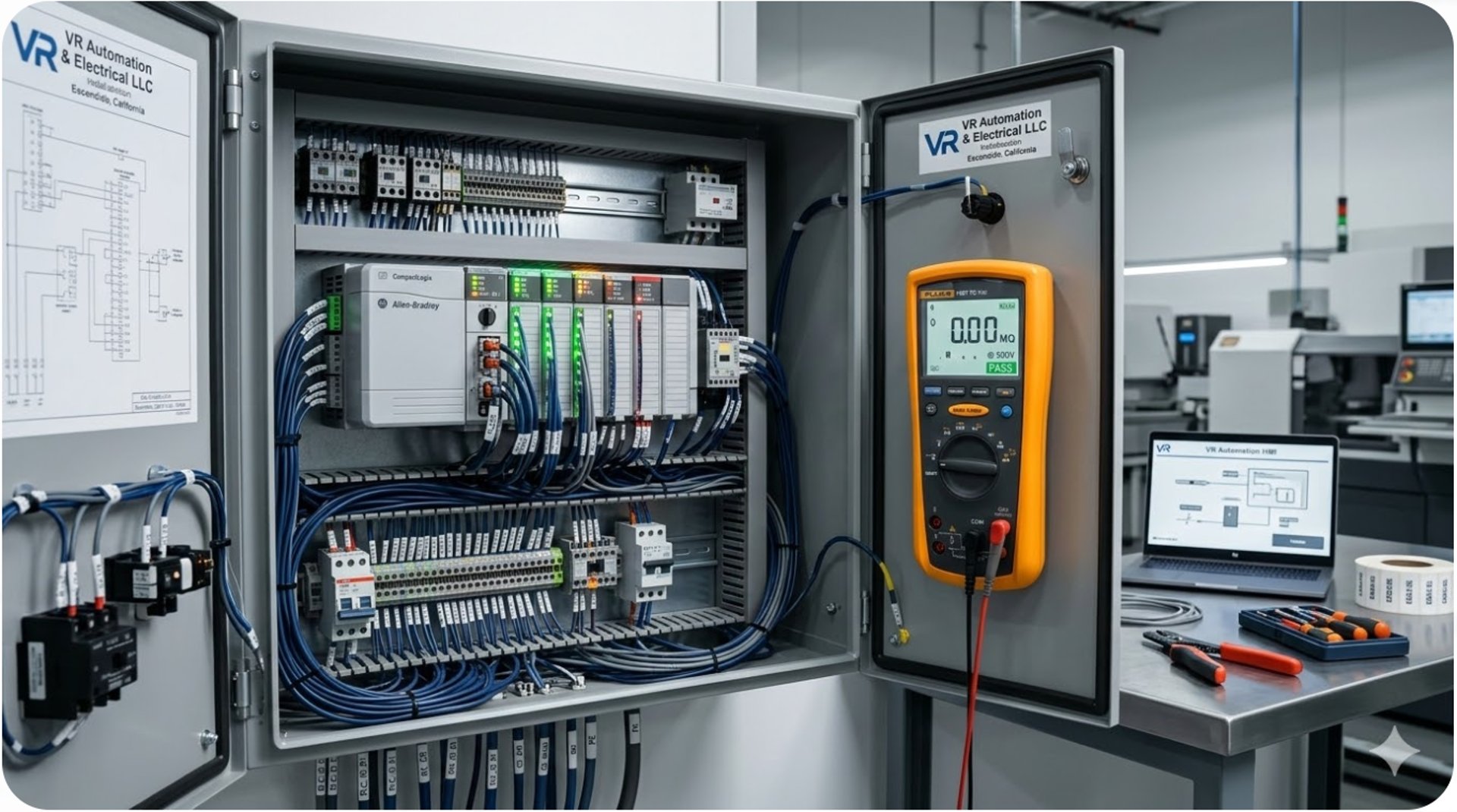 Electrician testing electrical panel with multimeter.