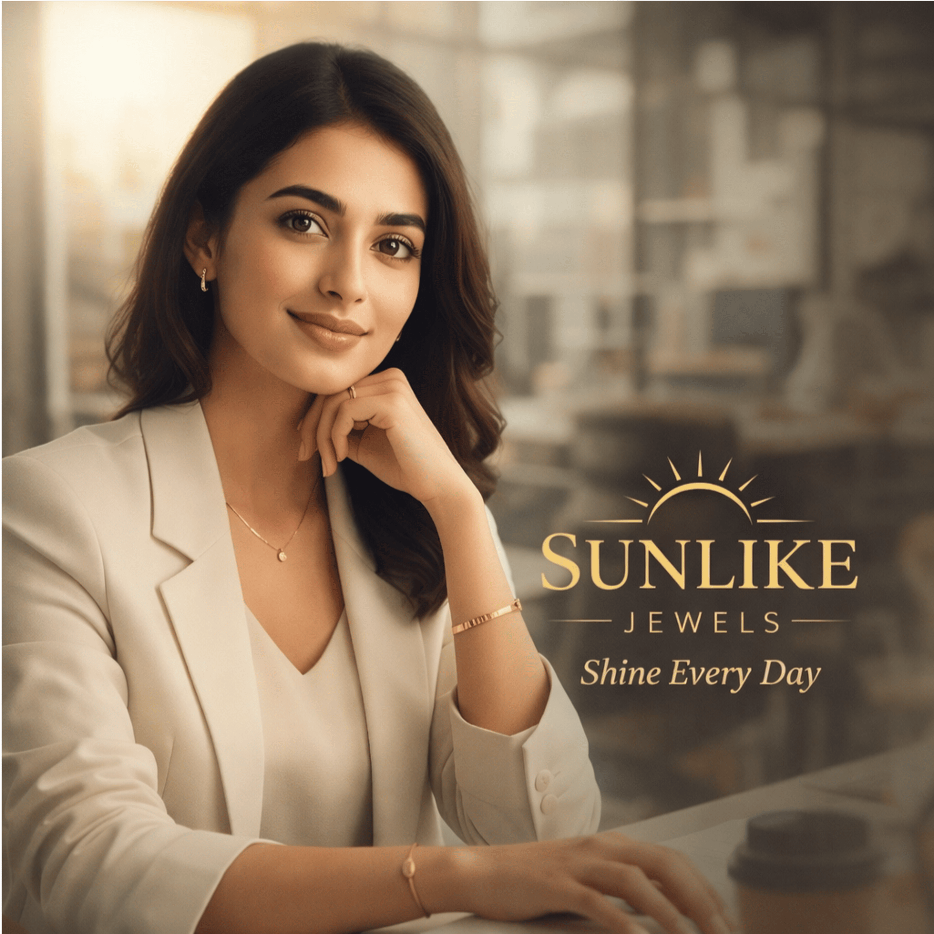 a woman's hand holding four different necklaces