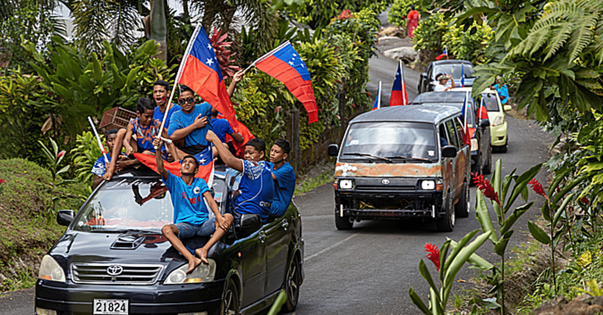 a man standing on top of a palm tree holding a flag