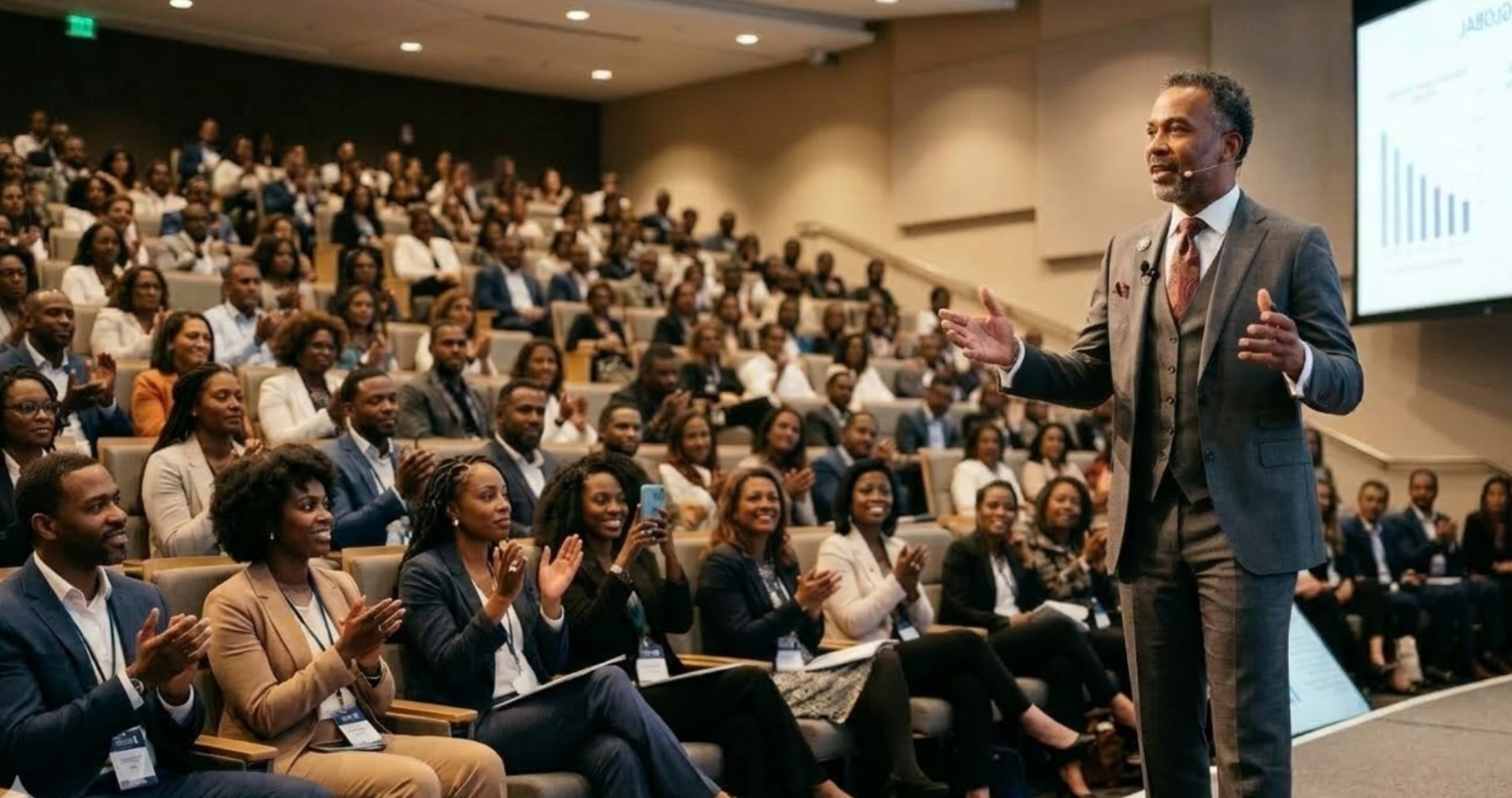 Teacher pointing at students with raised hands in lecture hall.