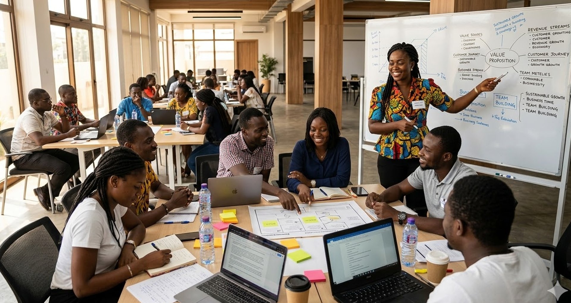 Teacher pointing at students with raised hands in lecture hall.