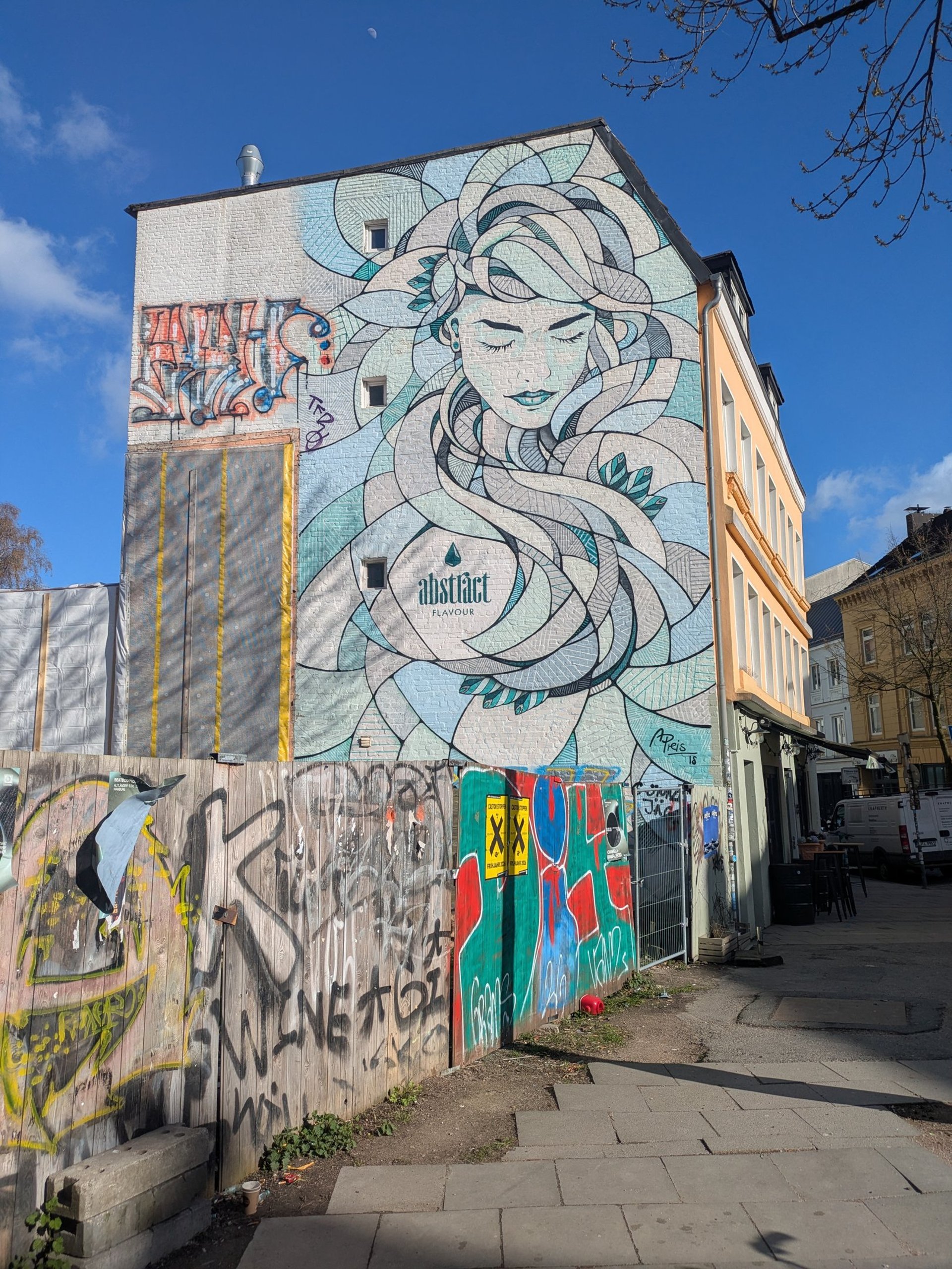 Street art mural in Hamburg (St. Pauli), Wandbild einer Frau mit Graffiti und urbaner Kunst