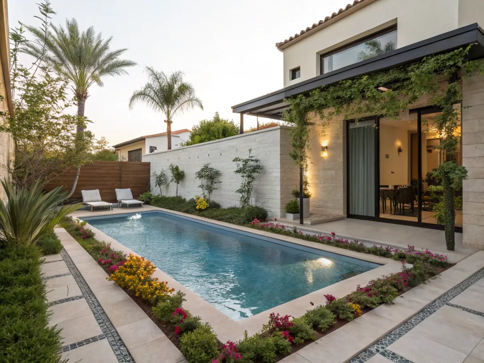 piscine rectangulaire en centre ville de Cagnes sur mer dans les alpes maritimes collée à une maison moderne