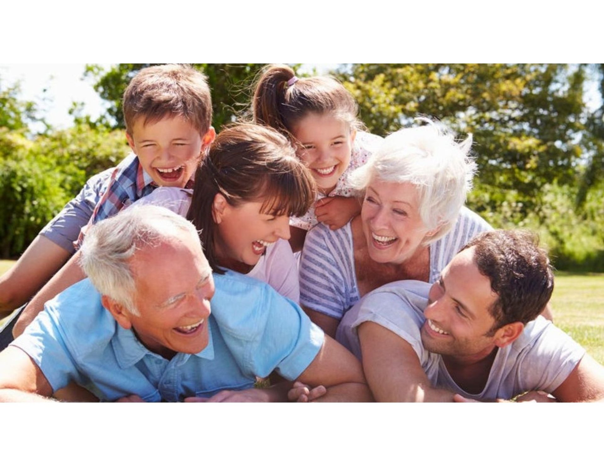 A joyful three‑generation monkey pile with grandparents, parents, and two children stacked together and smiling.