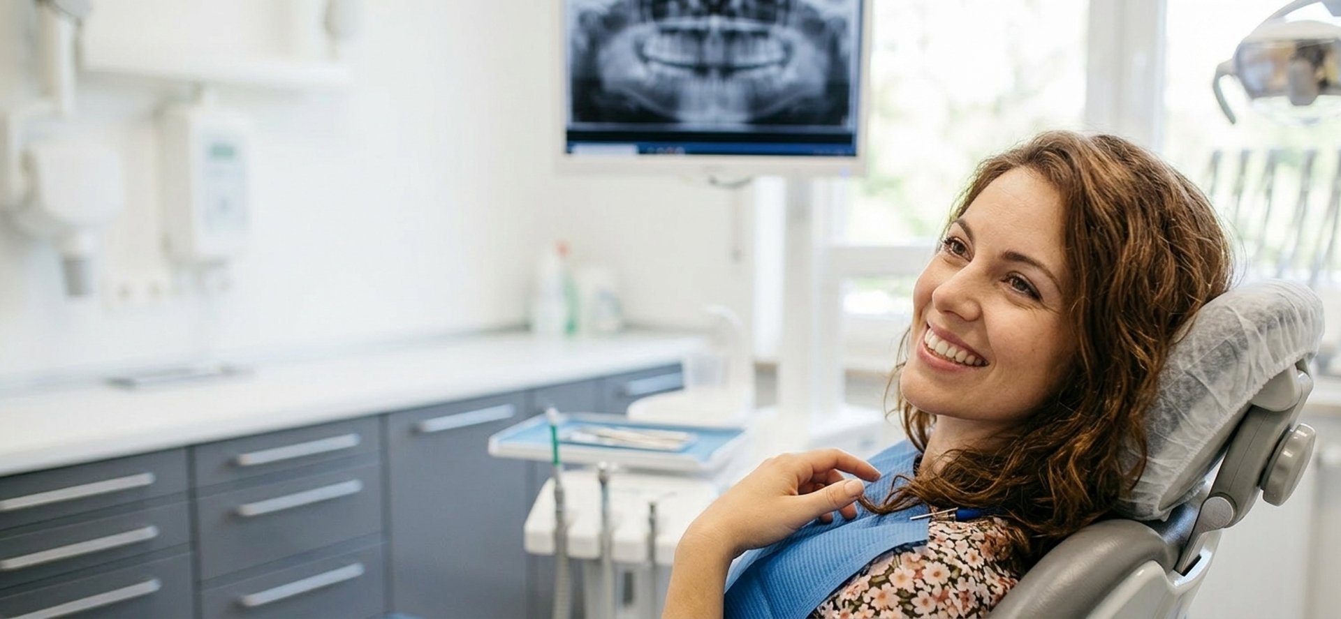Dentista con traje azul y sosteniendo prótesis dentales