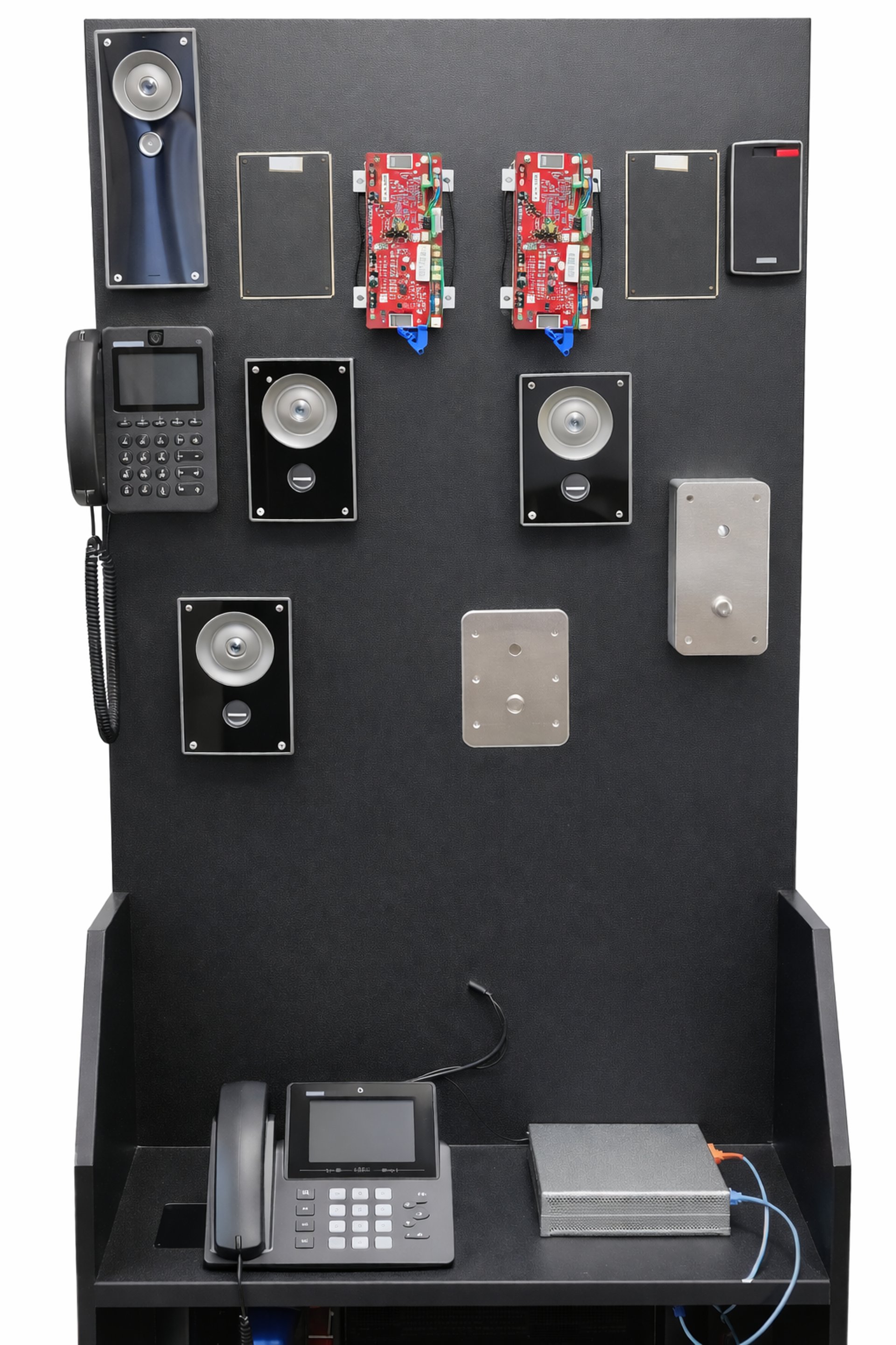 Lenel access control boards with card reader and intercom door stations on security demonstration panel.