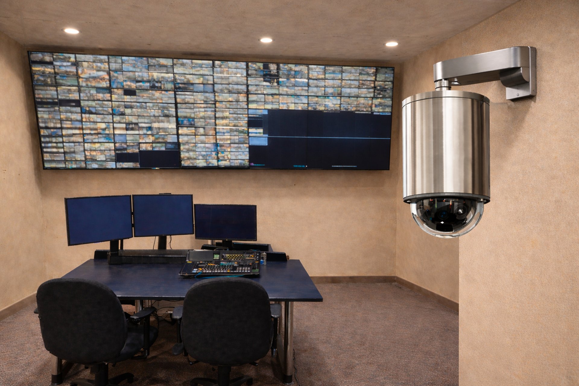 Security operations center with video wall and PTZ surveillance camera