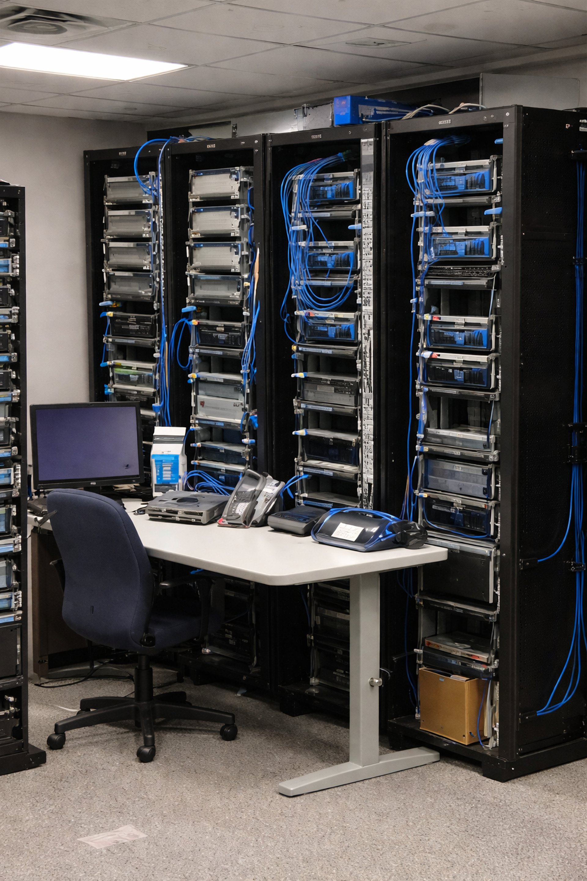 Telecom server room with network racks and cable management.
