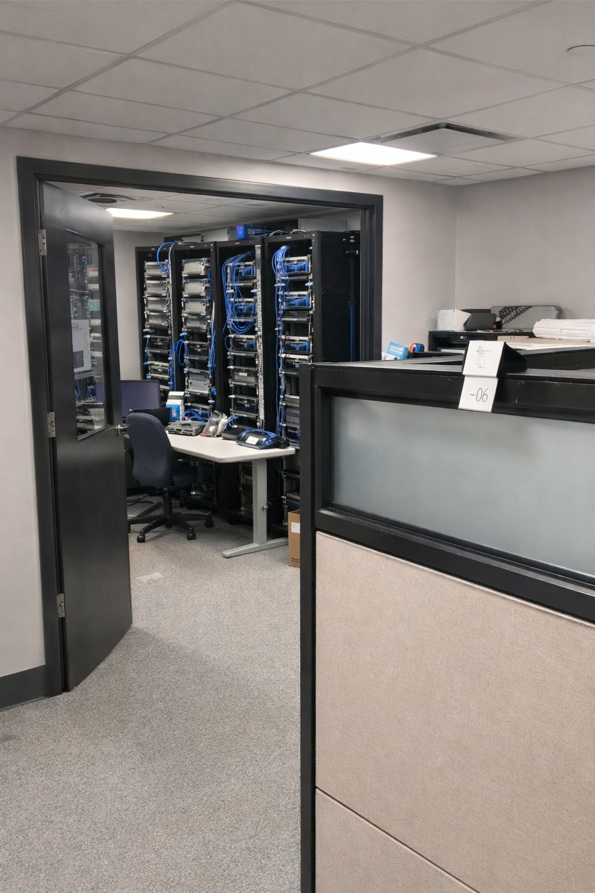  Telecommunications room with server racks, network equipment, and structured cabling