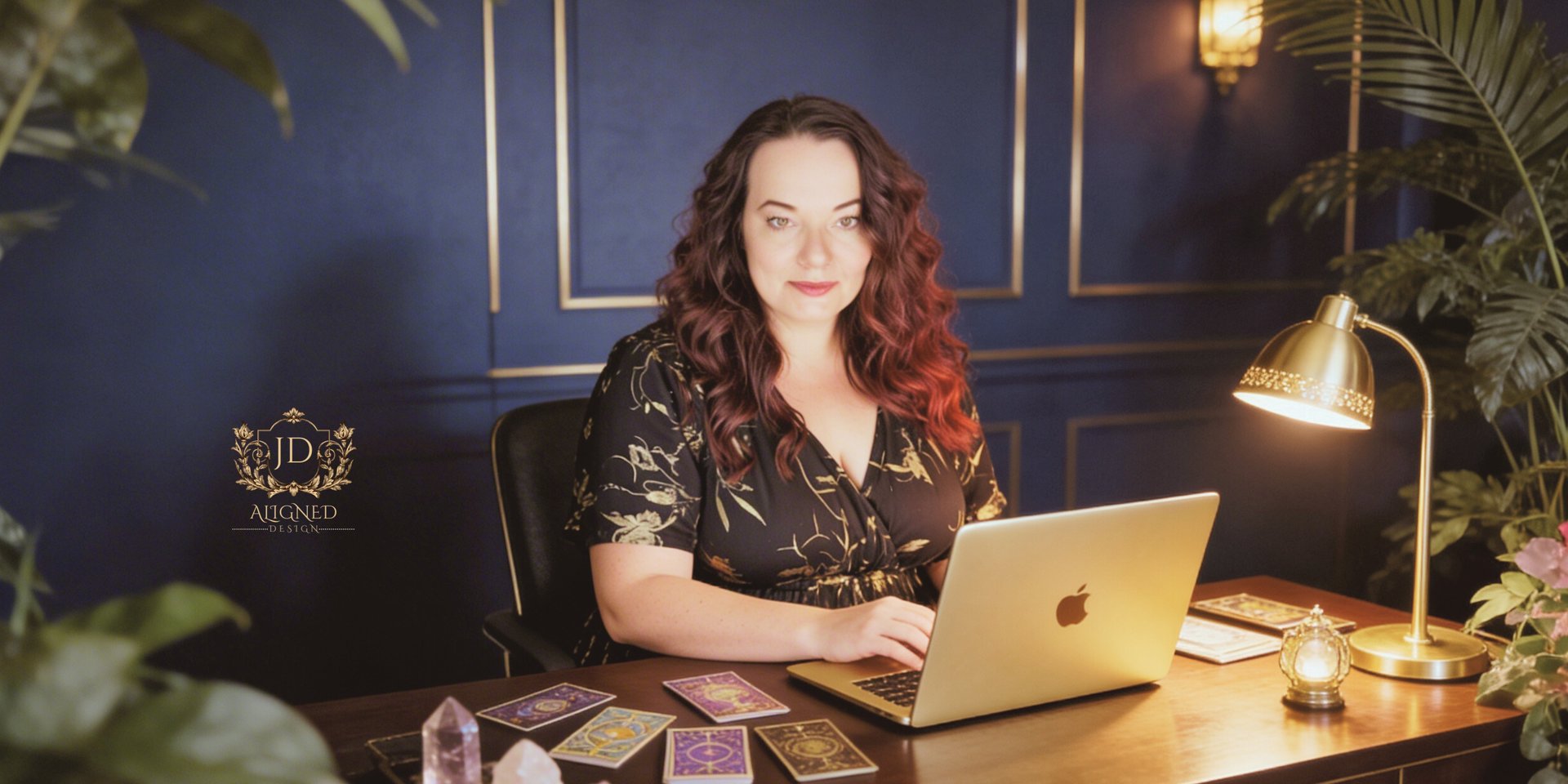 woman sitting in her luxury office with plants, crystals gold laptop and gold lamp
