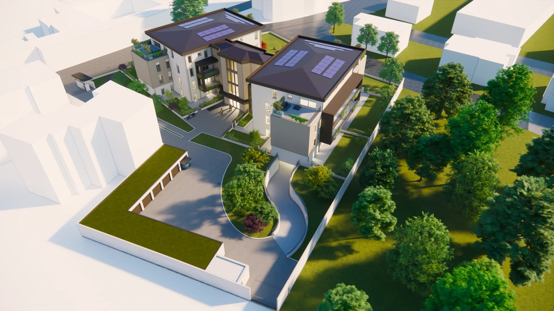 Panoramica aerea Case Nove a Cremona: architettura moderna, pannelli solari, aree verdi e rampa di accesso ai box privati.