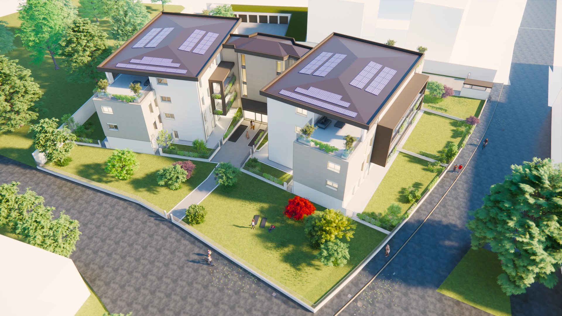 Vista aerea della residenza Case Nove a Cremona con giardini e coperture fotovoltaiche