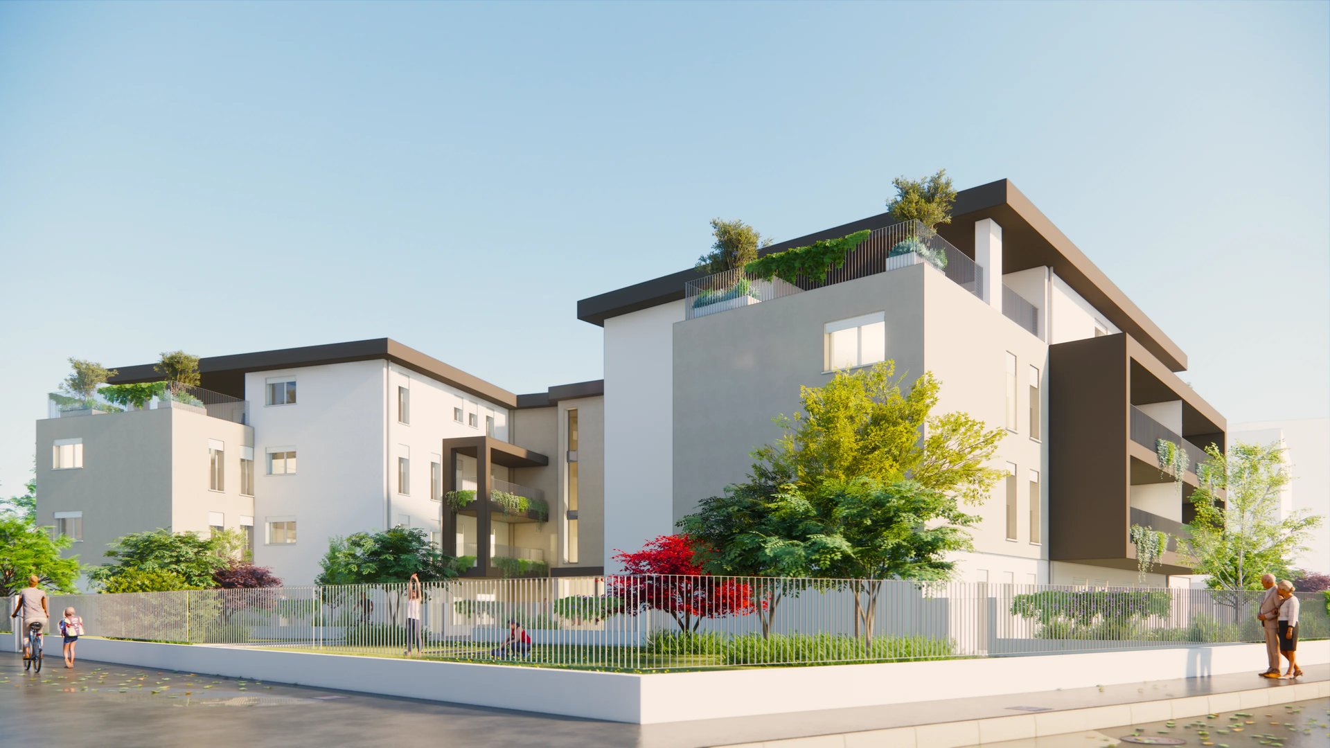 Vista esterna angolare della residenza Case Nove a Cremona con giardini e logge