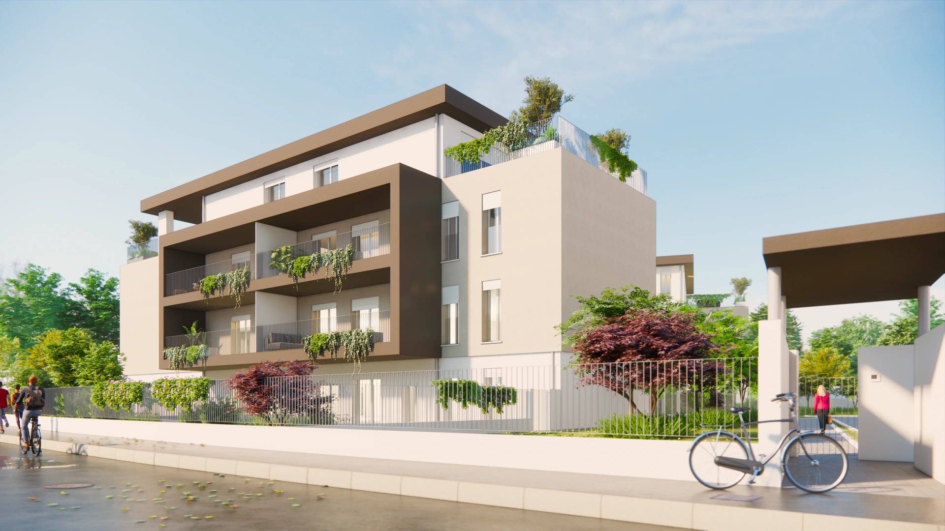 Vista esterna della residenza Case Nove a Cremona con logge e terrazze verdi