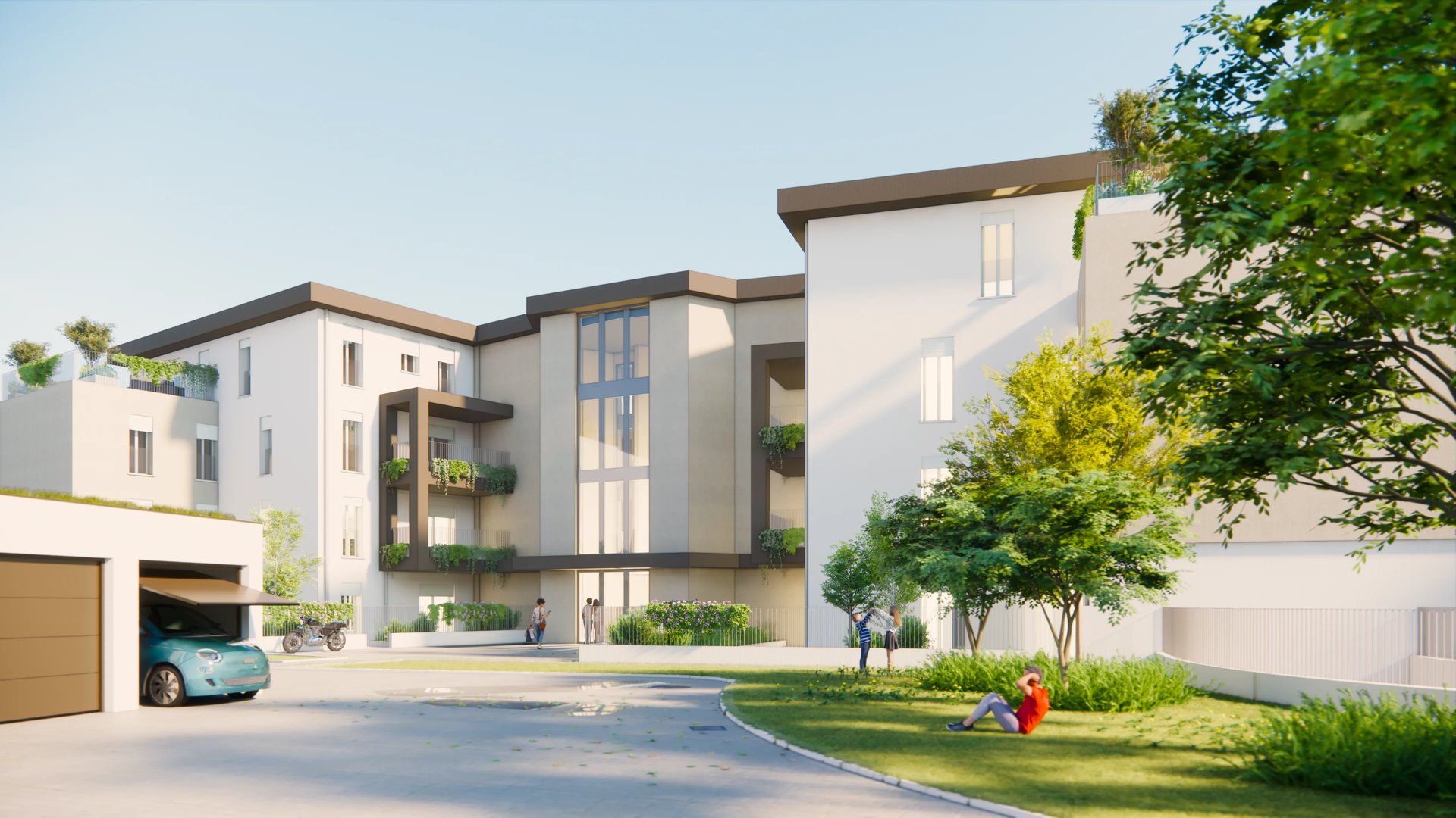 Vista esterna della residenza Case Nove a Cremona con giardino e facciate moderne