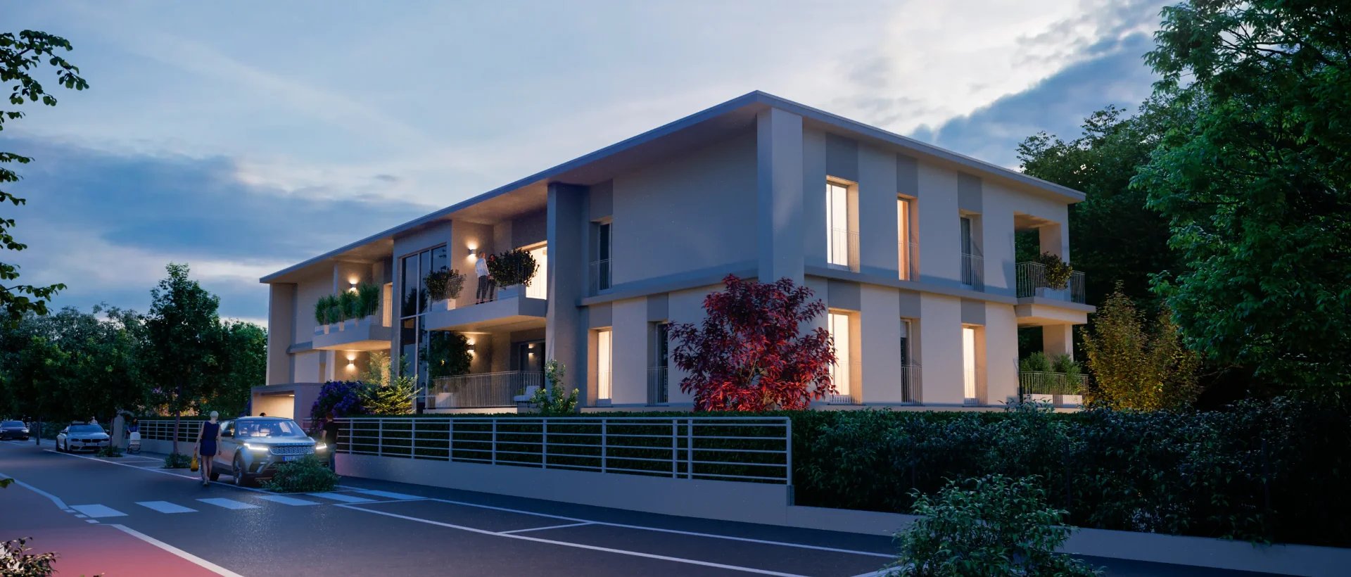 Render esterno serale Mil-Flores Cremona: residenza moderna Classe A con terrazzi vivibili