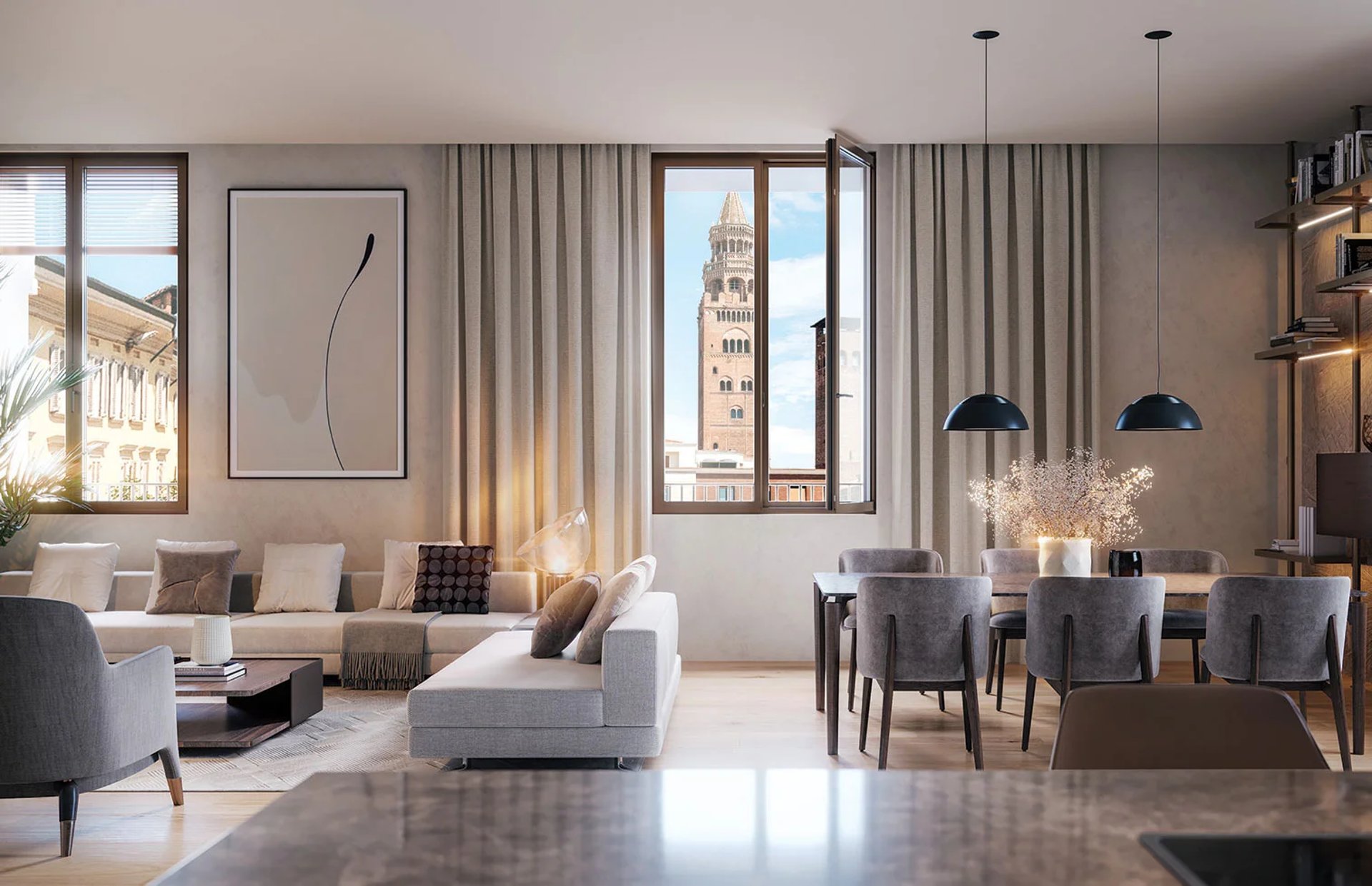 Living Palazzo CorteVerdi a Cremona, progetto Stefano Boeri. Vista iconica sul Torrazzo dalle ampie vetrate.