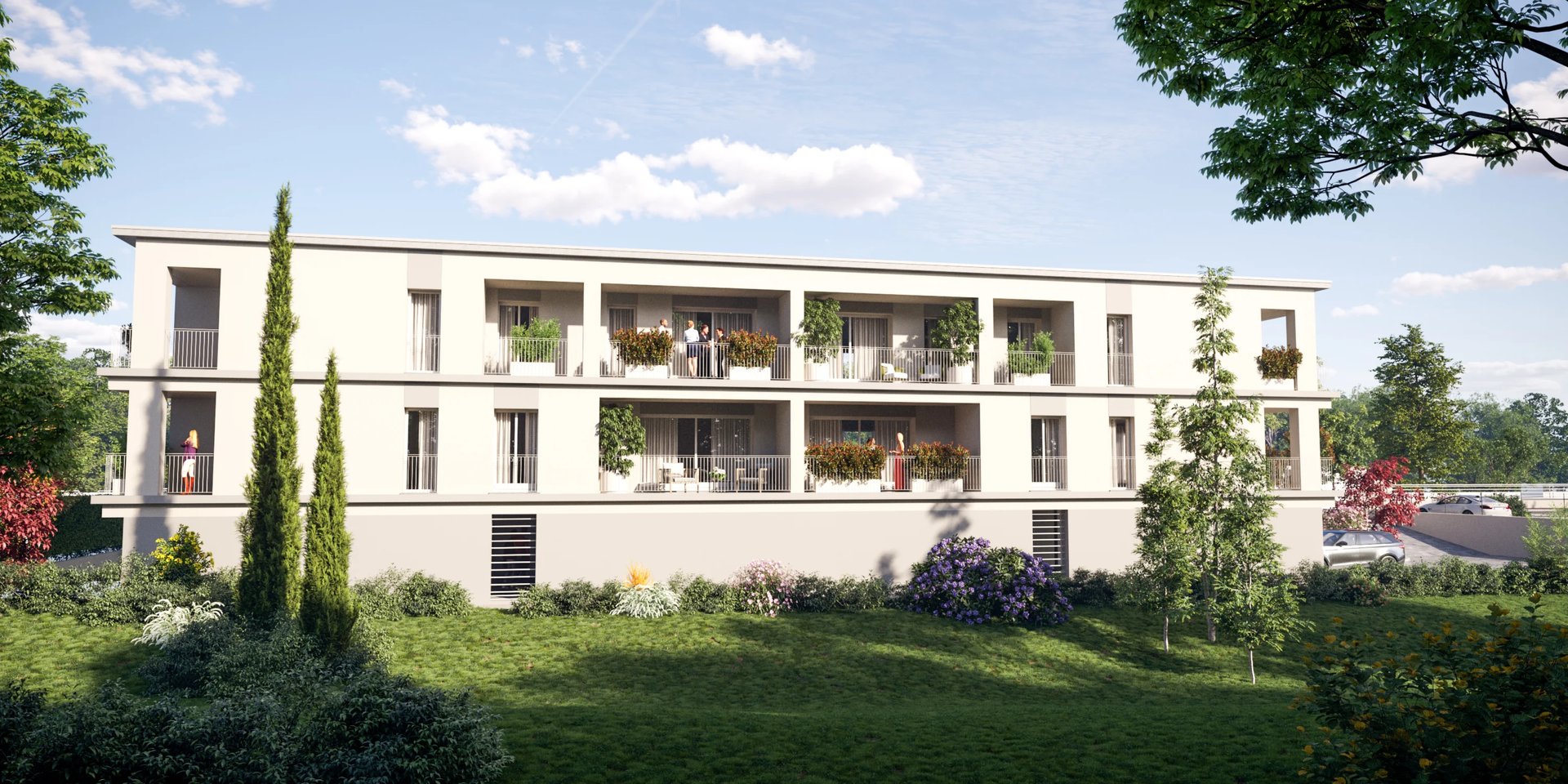 Rendering esterno del complesso residenziale Gruppo Findonati in Via Bombici, Cremona, con ampi spazi verdi.