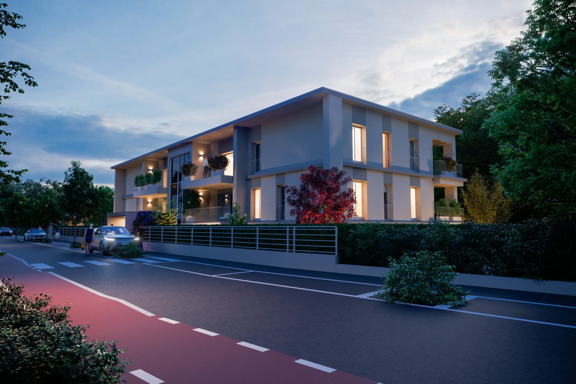 Rendering notturno ed elegante della nuova palazzina Mil-Flores in Via Bombici, Cremona.