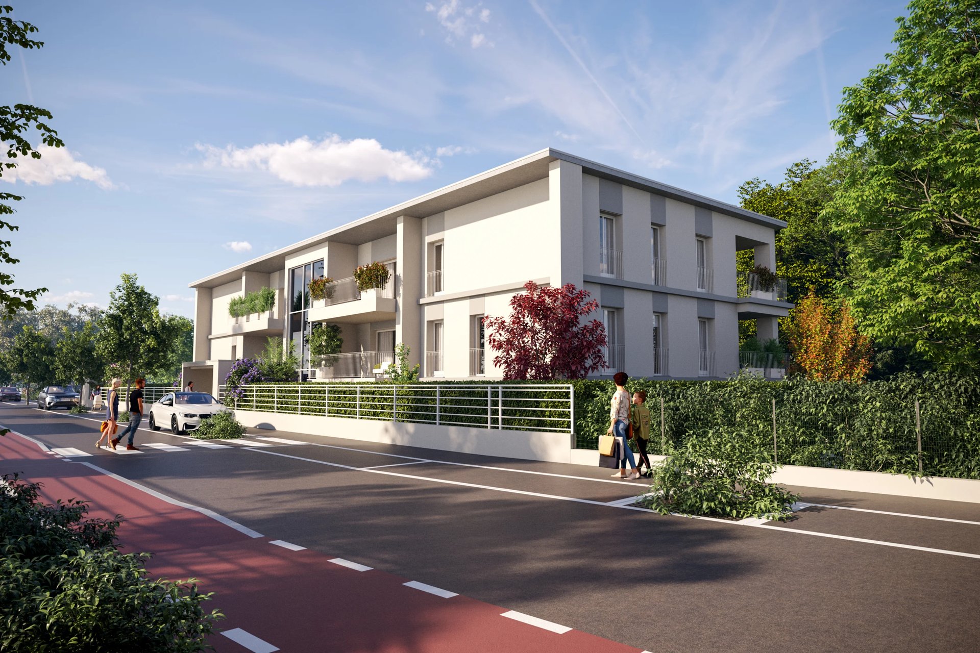 Rendering a livello strada delle nuove residenze in Via Bombici, Cremona, con accesso alla pista ciclabile.