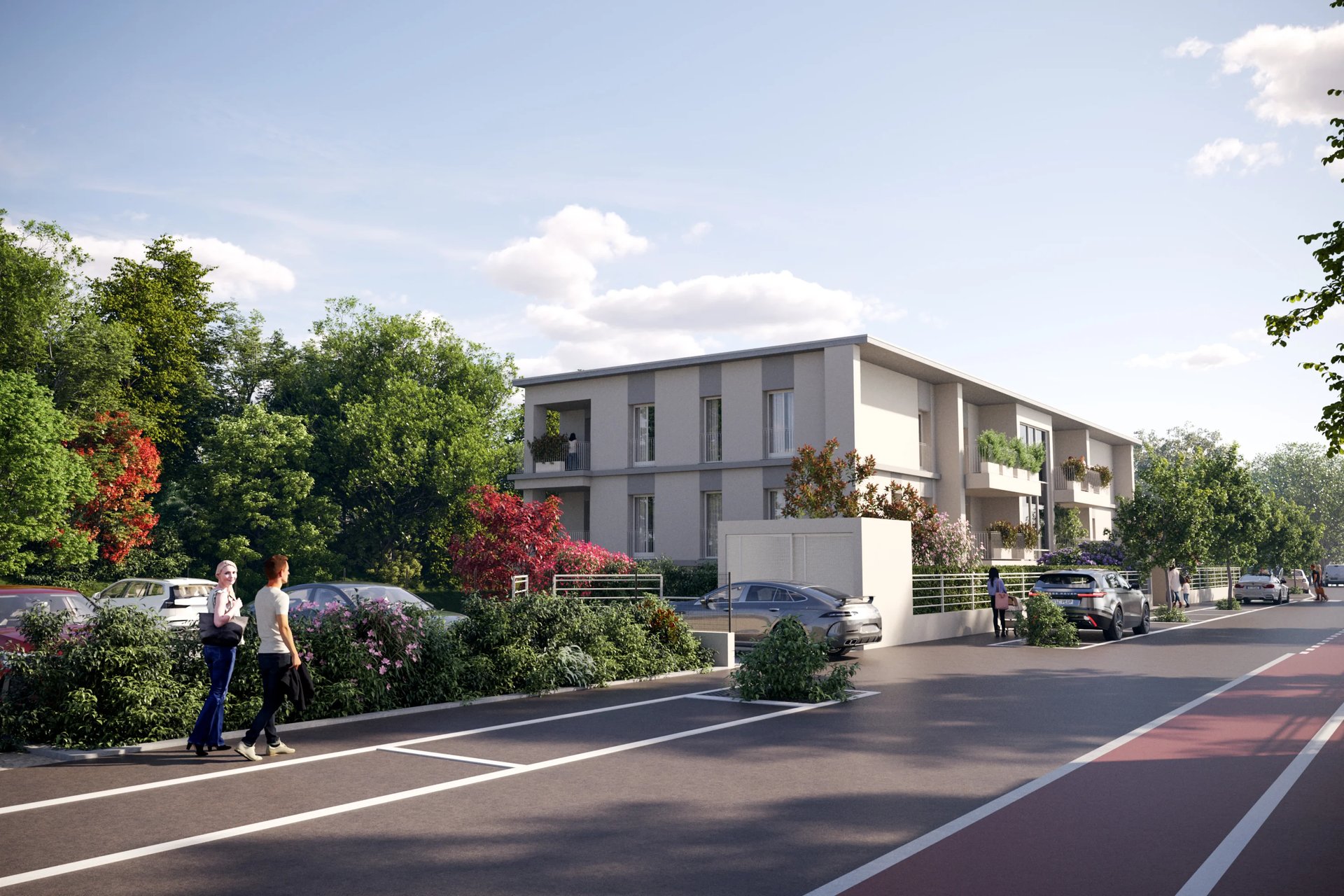 Rendering delle aree di parcheggio e del contesto verde per gli appartamenti in vendita in Via Bombici.